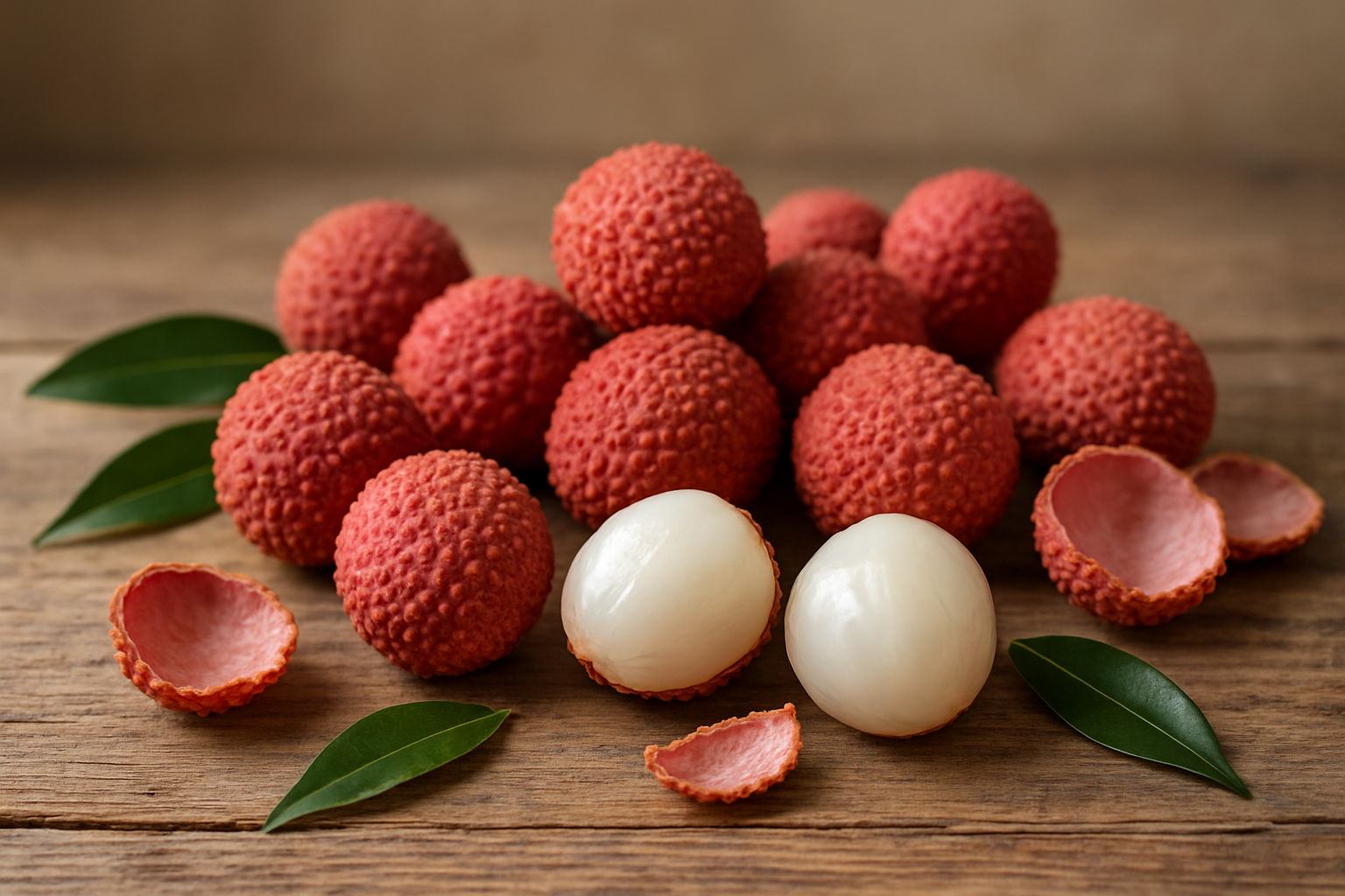 Create a realistic image of fresh lychees arranged on a rustic wooden table, showing both whole lychees with their distinctive pink-red bumpy skin and peeled lychees revealing the translucent white flesh, alongside scattered lychee leaves and a few opened shells, with soft natural lighting creating gentle shadows, photographed from a slightly elevated angle against a warm, neutral background that suggests completion and satisfaction, absolutely NO text should be in the scene.