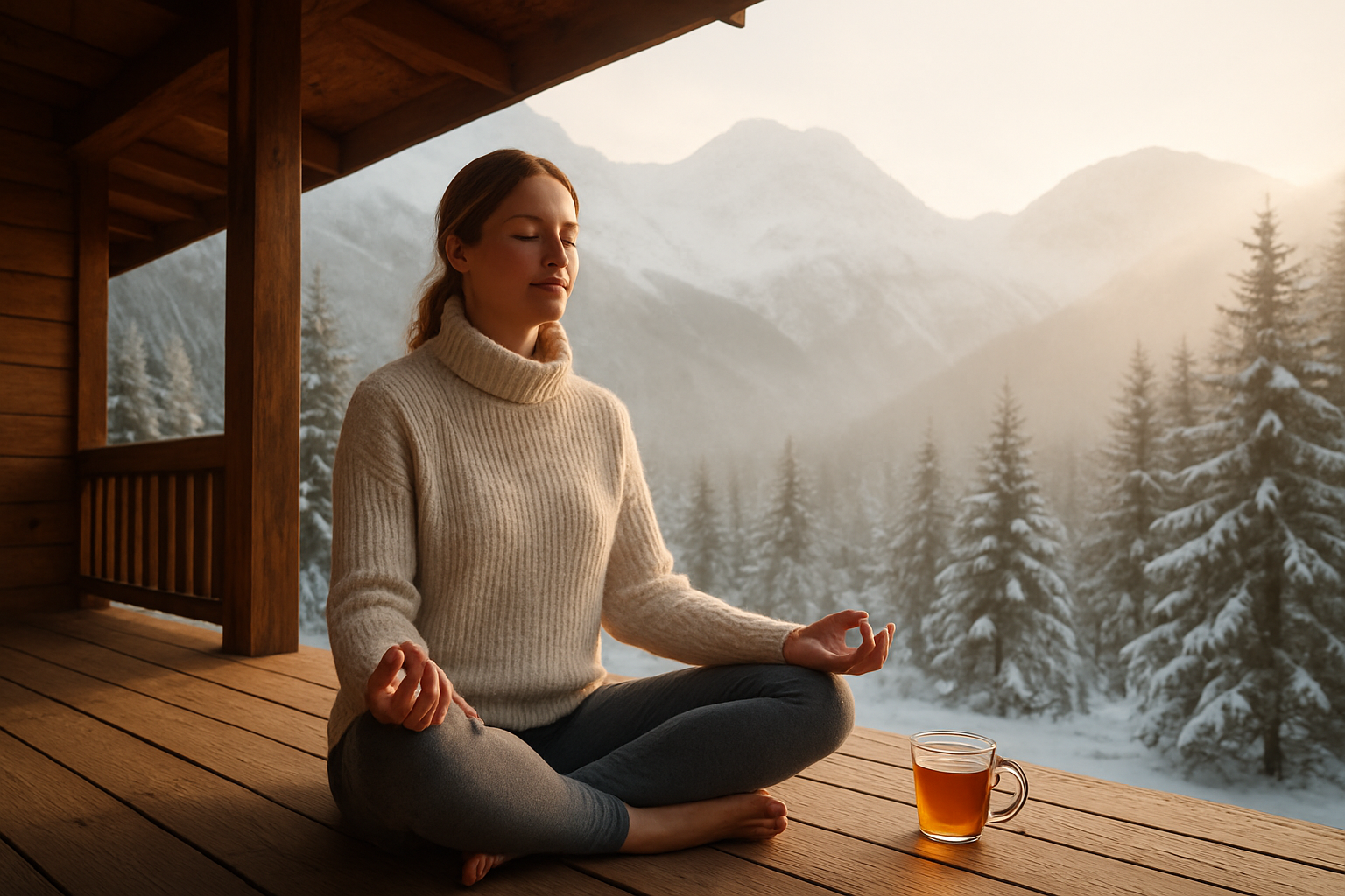Create a realistic image of a serene white female solo traveler in her 30s sitting cross-legged in a meditative pose on a wooden deck of a rustic mountain lodge, surrounded by snow-covered Welsh mountains in the background, wearing comfortable winter wellness attire like a cozy sweater and yoga pants, with steaming herbal tea beside her, soft golden morning light filtering through misty mountain air, pine trees dusted with fresh snow framing the scene, creating a peaceful atmosphere of solitude and inner reflection, with the lodge's warm wooden architecture visible, conveying tranquility and mental wellness benefits, absolutely NO text should be in the scene.