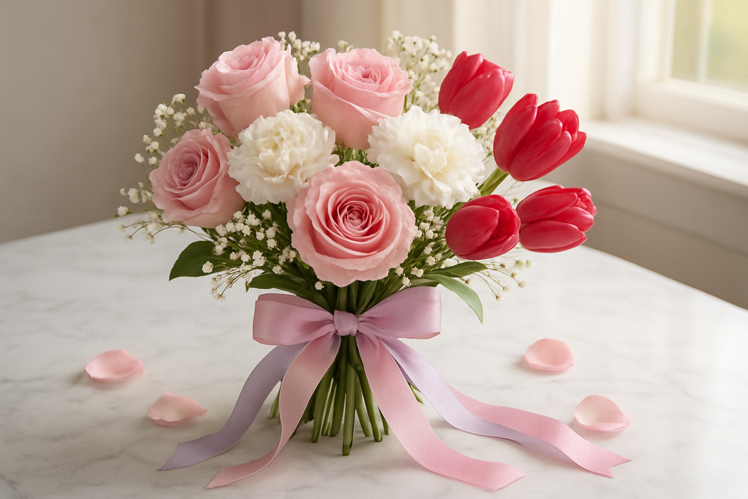 Create a realistic image of traditional Mother's Day flowers including pink roses, white carnations, and red tulips arranged in an elegant bouquet with soft pastel ribbons in shades of pink and lavender, placed on a white marble surface with gentle natural lighting filtering through a nearby window, creating a warm and loving atmosphere that conveys gratitude and appreciation, with delicate baby's breath flowers as accent pieces and a few scattered rose petals around the base of the arrangement, absolutely NO text should be in the scene.