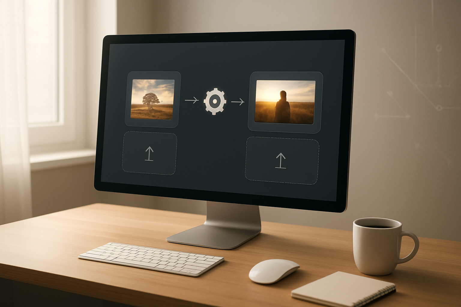 Create a realistic image of a modern digital workspace showing a computer monitor displaying the Akool AI platform interface with image-to-video conversion workflow, featuring upload panels for images and video preview sections, surrounded by a clean desk setup with a wireless mouse, coffee cup, and notepad, soft natural lighting from a nearby window creating a professional atmosphere, minimalist background with subtle tech-inspired elements, warm and inviting mood that conveys innovation and creativity, absolutely NO text should be in the scene.