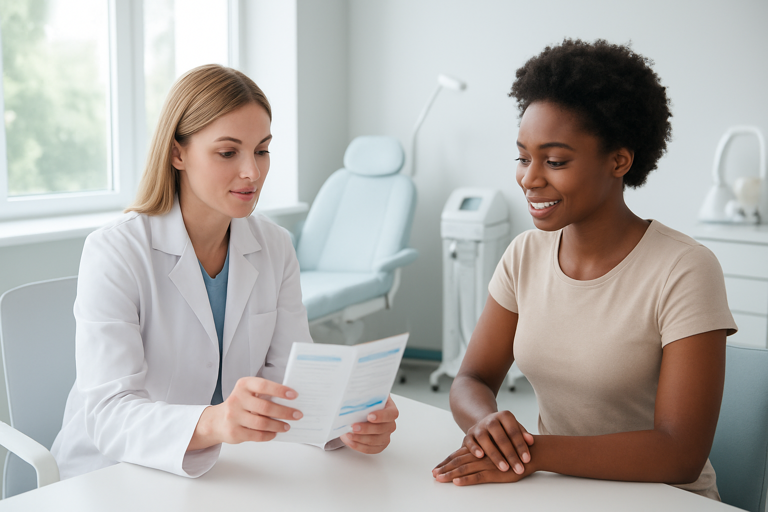 Create a realistic image of a modern, clean skin care clinic consultation room with a white female dermatologist in a white coat sitting at a desk across from a black female patient, showing a checklist or brochure with clinic information, featuring bright natural lighting from large windows, contemporary medical equipment visible in the background, professional atmosphere with white and light blue color scheme, absolutely NO text should be in the scene.