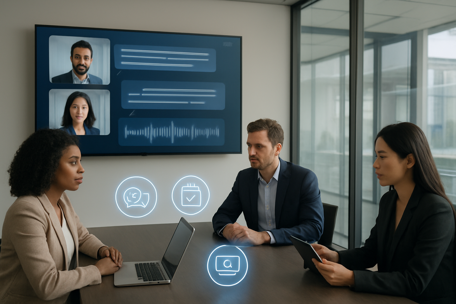 Create a realistic image of a modern conference room with a large wall-mounted screen displaying AI-powered meeting interface elements like automated transcription bubbles and digital participant avatars, a diverse group of professionals including a black female, white male, and Asian female sitting around a sleek conference table with laptops and tablets open, holographic communication icons floating above the table representing real-time translation and smart scheduling, soft natural lighting from large windows, contemporary office setting with glass walls, professional atmosphere conveying enhanced productivity and seamless digital collaboration, absolutely NO text should be in the scene.