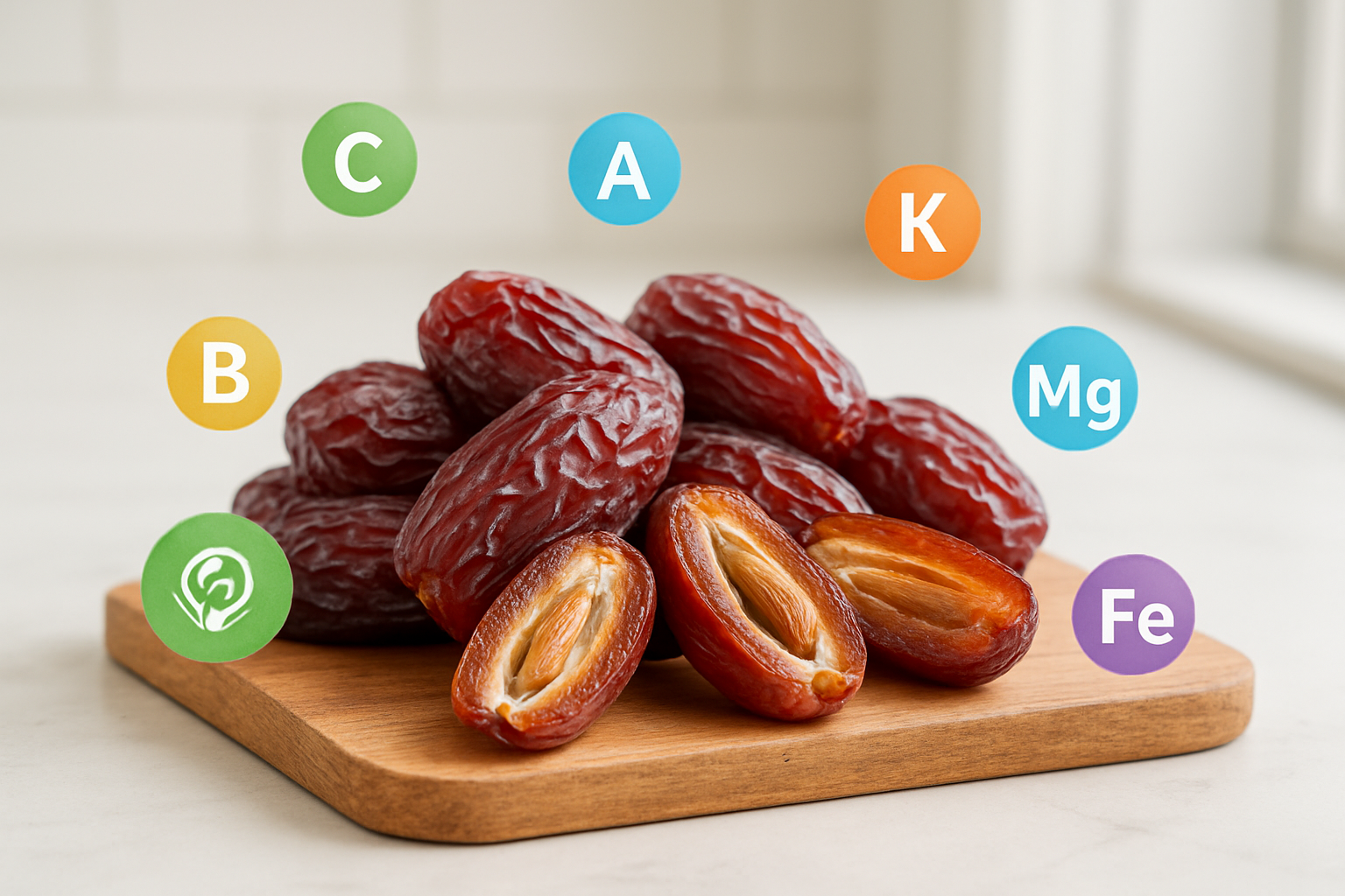 Create a realistic image of fresh Medjool dates arranged on a wooden cutting board with some dates cut in half showing their flesh and pits, surrounded by colorful nutritional elements like vitamin icons, fiber symbols, and mineral representations floating subtly around them, set against a clean white kitchen counter background with soft natural lighting from a nearby window, creating a healthy and appetizing mood that emphasizes the nutritional benefits of dates, absolutely NO text should be in the scene.