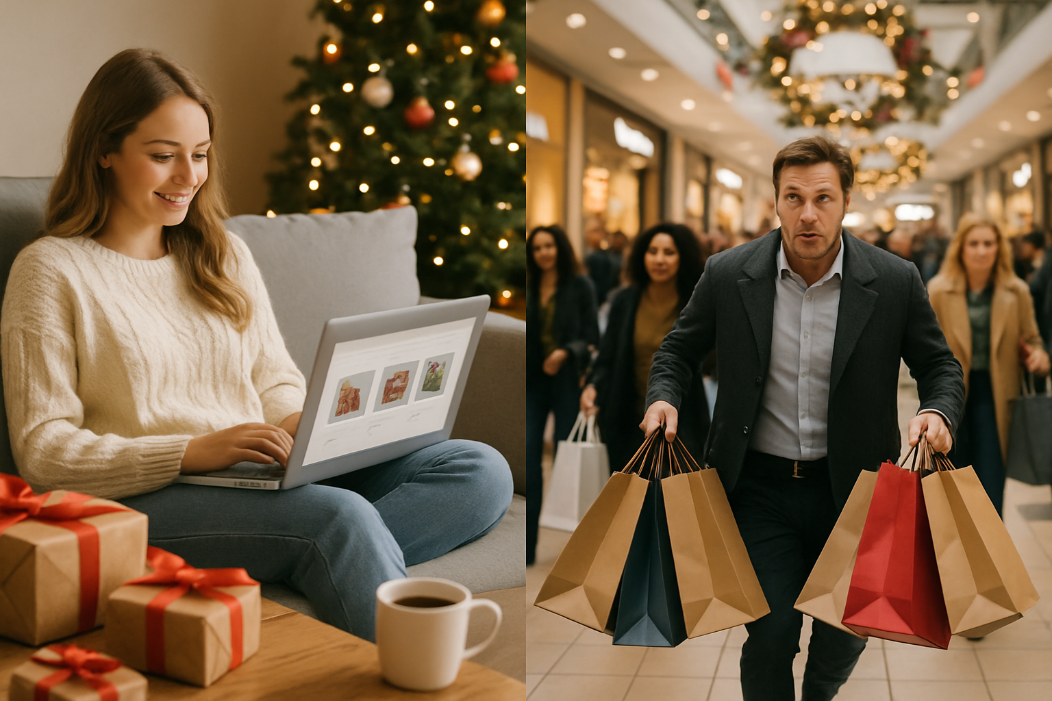 Create a realistic image of a split-screen composition showing time efficiency comparison between online and in-store Christmas shopping, with the left side featuring a relaxed white female sitting comfortably at home with a laptop showing shopping websites while surrounded by wrapped Christmas presents and a steaming coffee cup on a wooden table, and the right side showing a busy white male rushing through a crowded shopping mall carrying multiple shopping bags with other diverse shoppers in the background, holiday decorations hanging from the ceiling, warm indoor lighting throughout the scene, emphasizing the contrast between convenience and traditional shopping effort, absolutely NO text should be in the scene.
