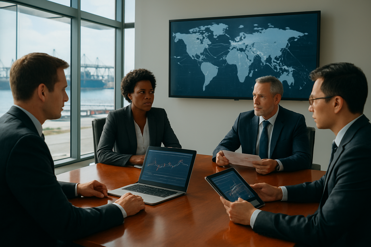 Create a realistic image of a modern corporate boardroom with a diverse group of business executives including white male, black female, and Asian male professionals in suits gathered around a polished conference table, studying charts and graphs on laptops and tablets showing oil price fluctuations and logistics data, with a large wall-mounted monitor displaying global shipping routes and transportation networks, set against floor-to-ceiling windows overlooking a busy port with cargo ships and trucks, under bright natural lighting that creates a professional atmosphere of strategic planning and decision-making, absolutely NO text should be in the scene.