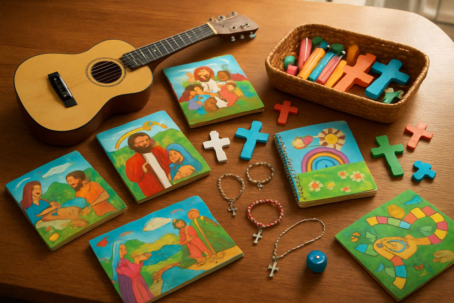 Create a realistic image of a beautifully arranged collection of Christian gifts for children displayed on a warm wooden table surface, including colorful illustrated Bible storybooks, craft supplies with cross-shaped items, a small acoustic guitar, delicate cross necklaces and bracelets, a child's prayer journal with colorful covers, and educational board games with Christian themes, all artfully scattered yet organized to showcase the variety, with soft natural lighting from a nearby window creating gentle shadows, warm and inviting atmosphere that conveys love and faith-based learning, shot from a slightly elevated angle to show the complete collection, absolutely NO text should be in the scene.