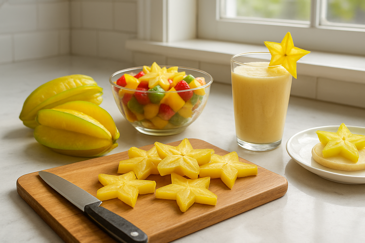 Create a realistic image of a bright, well-lit kitchen countertop featuring fresh yellow starfruit (carambola) in various culinary preparations including whole starfruit, star-shaped slices arranged on a wooden cutting board, a colorful fruit salad in a glass bowl with starfruit stars mixed with other tropical fruits, a smoothie glass with starfruit garnish, and some starfruit slices being used as decorative elements on a dessert plate, with a sharp knife nearby and natural daylight streaming through a window creating soft shadows, showcasing the versatility of starfruit in cooking and food presentation. Absolutely NO text should be in the scene.