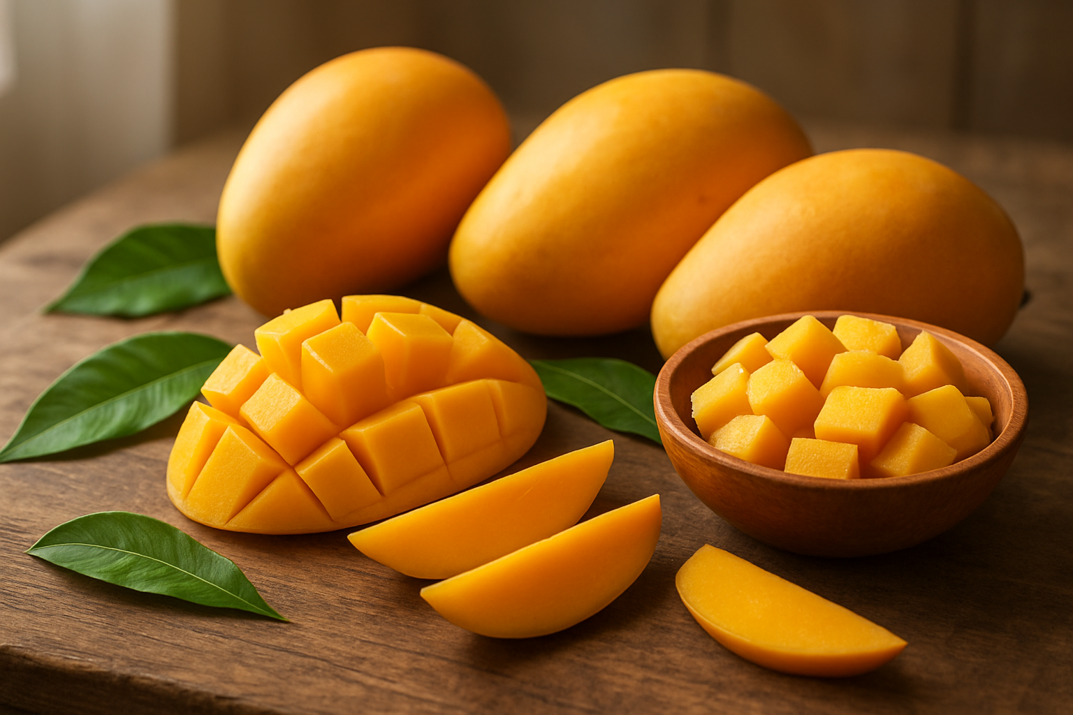 Create a realistic image of a beautiful arrangement of fresh, ripe mangoes in various stages and forms on a rustic wooden table, including whole mangoes with vibrant yellow-orange skin, sliced mango pieces showing the golden flesh, and diced mango cubes in a wooden bowl, with some mango leaves scattered around for natural decoration, soft natural lighting from a window creating warm highlights on the fruit surfaces, creating an inviting and appetizing scene that captures the essence of mangoes as a complete topic, absolutely NO text should be in the scene.