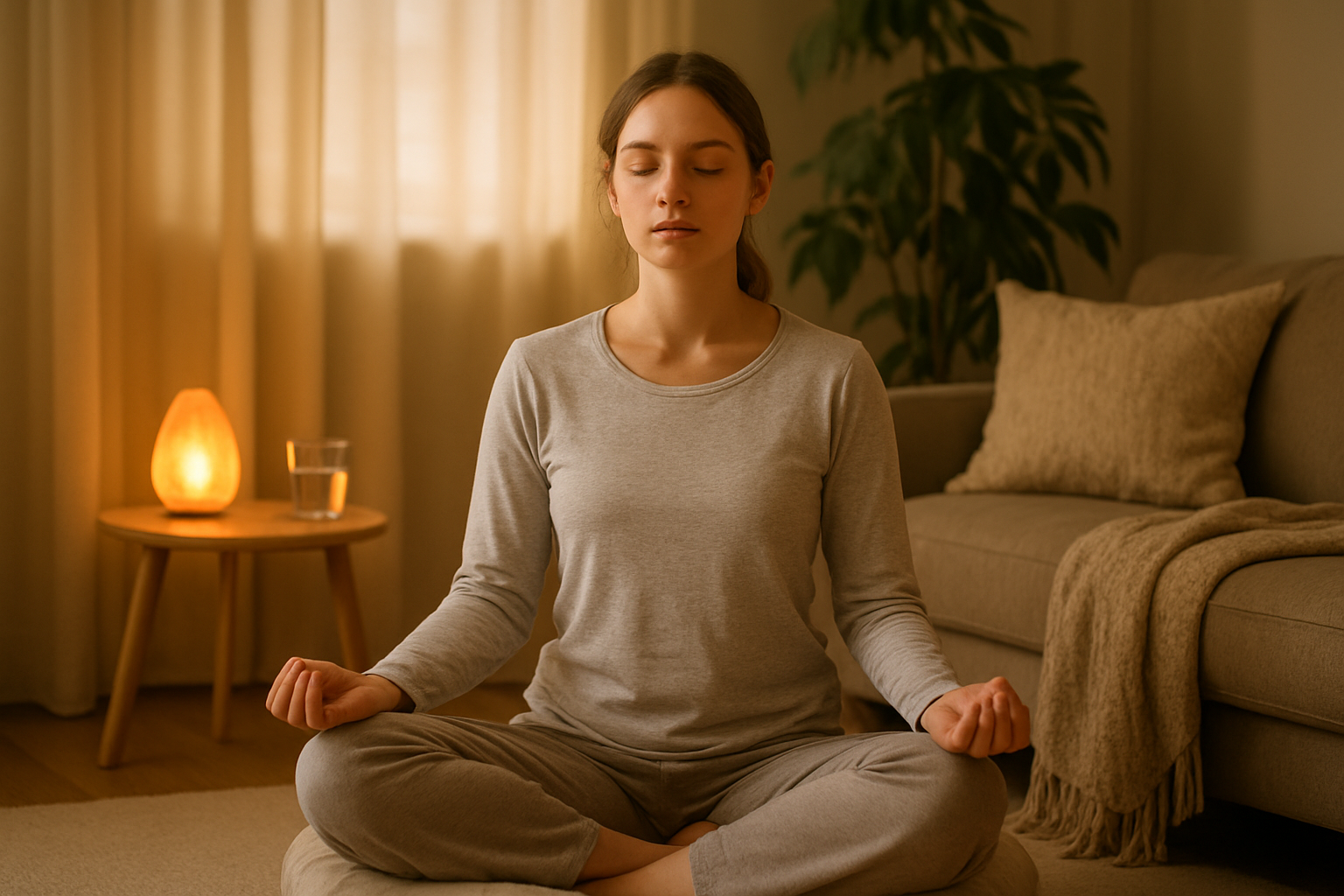 Create A Realistic Image Of A Peaceful Indoor Setting Showing A White Female Person Sitting Cross-Legged On A Comfortable Cushion In A Softly Lit Room, With Her Eyes Gently Closed In A Meditative State, Surrounded By Calming Elements Like Soft Pillows, A Warm Blanket Nearby, A Glass Of Water On A Small Side Table, Dim Ambient Lighting From A Salt Lamp, And Plants In The Background Creating A Safe And Serene Atmosphere For Introspection, With Warm Golden Lighting Filtering Through Sheer Curtains. Absolutely No Text Should Be In The Scene.