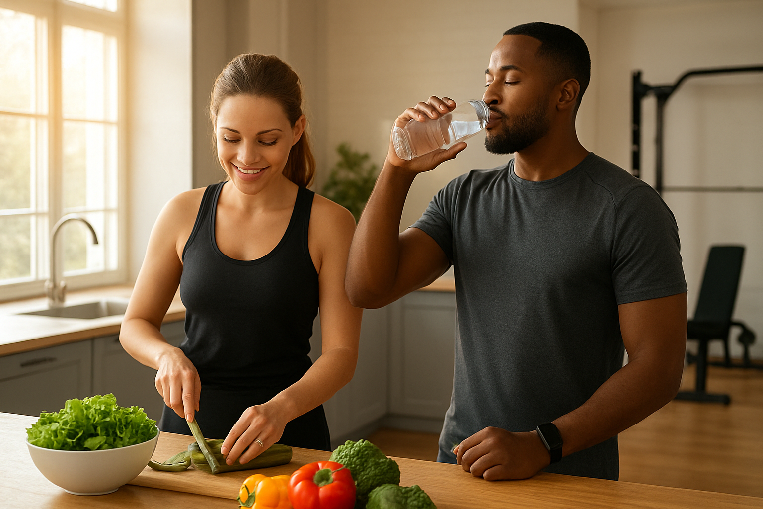 Create a realistic image of a diverse group showing a white female and black male in athletic wear performing healthy lifestyle activities like meal prepping fresh vegetables, drinking water, and using a fitness tracker, with a bright modern kitchen and gym equipment visible in the background, warm natural lighting streaming through windows creating an encouraging and positive atmosphere, absolutely NO text should be in the scene.
