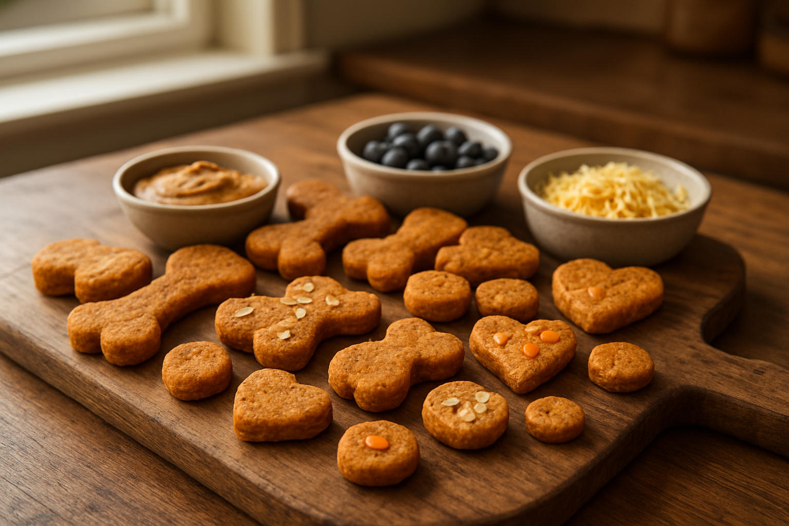 Create a realistic image of various homemade dog treats in different shapes and sizes arranged on a rustic wooden cutting board, featuring sweet potato and pumpkin treats in bone shapes, small rounds, and heart shapes, with some treats having additional toppings like oats or small pieces of carrot, alongside small bowls containing different natural ingredients like peanut butter, blueberries, and shredded cheese as customization options, set in a warm kitchen environment with soft natural lighting from a window, absolutely NO text should be in the scene.