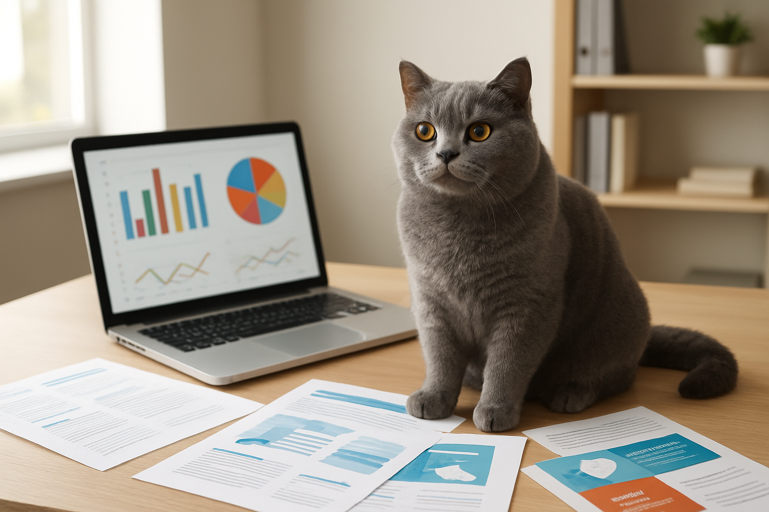 Create a realistic image of a British Shorthair cat with thick gray-blue fur sitting on a modern desk next to an open laptop computer displaying colorful comparison charts and graphs, with scattered insurance documents and brochures from different pet insurance companies arranged around the workspace, soft natural lighting from a nearby window, clean office environment with a professional yet warm atmosphere, the cat looking alert and healthy, absolutely NO text should be in the scene.