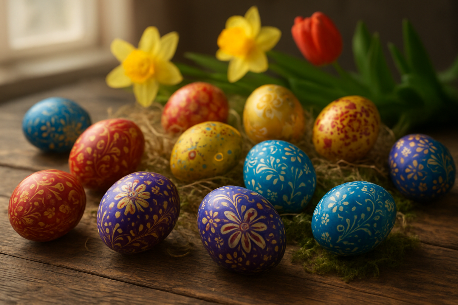 Create a realistic image of colorfully decorated Easter eggs arranged on a rustic wooden table, featuring eggs with intricate patterns in vibrant colors like purple, gold, red, and blue, with some eggs nestled in natural straw or moss, soft natural lighting filtering through a window creating gentle shadows, a few spring flowers like daffodils or tulips in the background, warm and peaceful atmosphere suggesting renewal and rebirth, absolutely NO text should be in the scene.