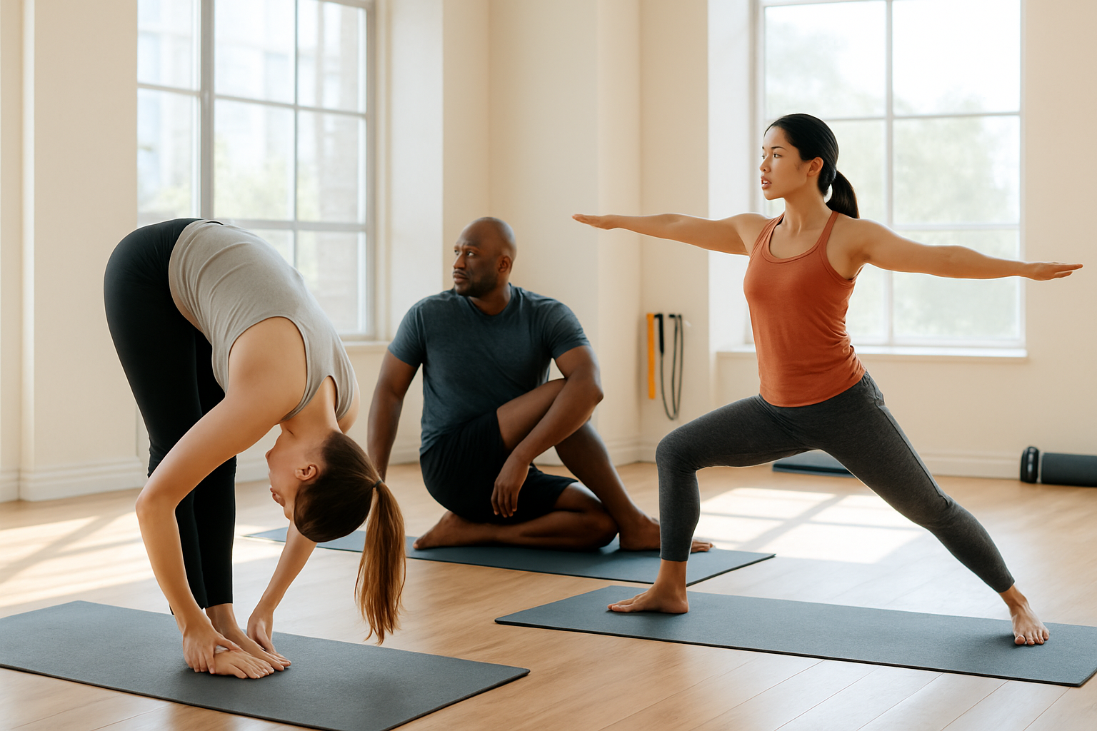 Create a realistic image of a diverse group of people performing various stretching exercises in a bright, modern fitness studio with wooden floors and large windows, featuring a young white female doing a forward fold, a middle-aged black male in a seated spinal twist, and an Asian female in a warrior pose, with yoga mats scattered around, natural sunlight streaming through the windows creating a calm and focused atmosphere, exercise equipment like resistance bands and foam rollers visible in the background, absolutely NO text should be in the scene.