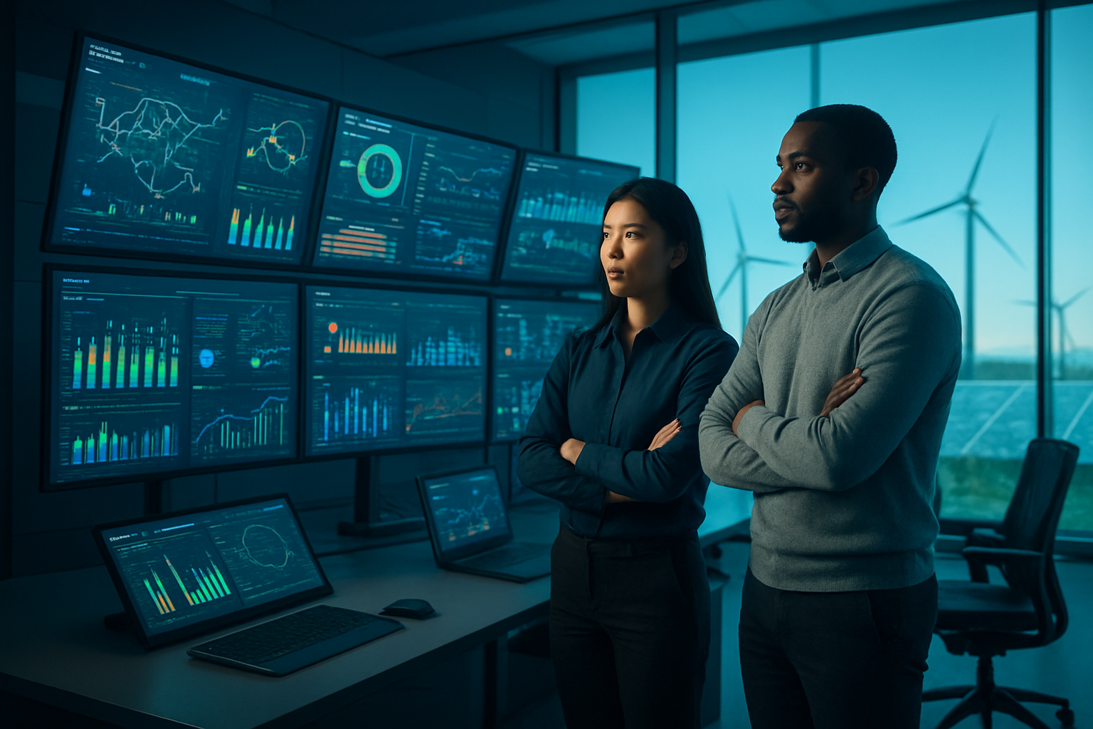 Create a realistic image of a futuristic energy control center with multiple large curved monitors displaying colorful data visualizations of power grids, renewable energy charts, and AI analytics dashboards, featuring a diverse team of two engineers - one Asian female and one Black male - standing confidently while observing the displays, with sleek modern workstations equipped with advanced computing equipment, wind turbines and solar panels visible through floor-to-ceiling windows in the background, illuminated by soft blue and green ambient lighting that creates a high-tech atmosphere, conveying innovation and technological advancement in sustainable energy management, absolutely NO text should be in the scene.