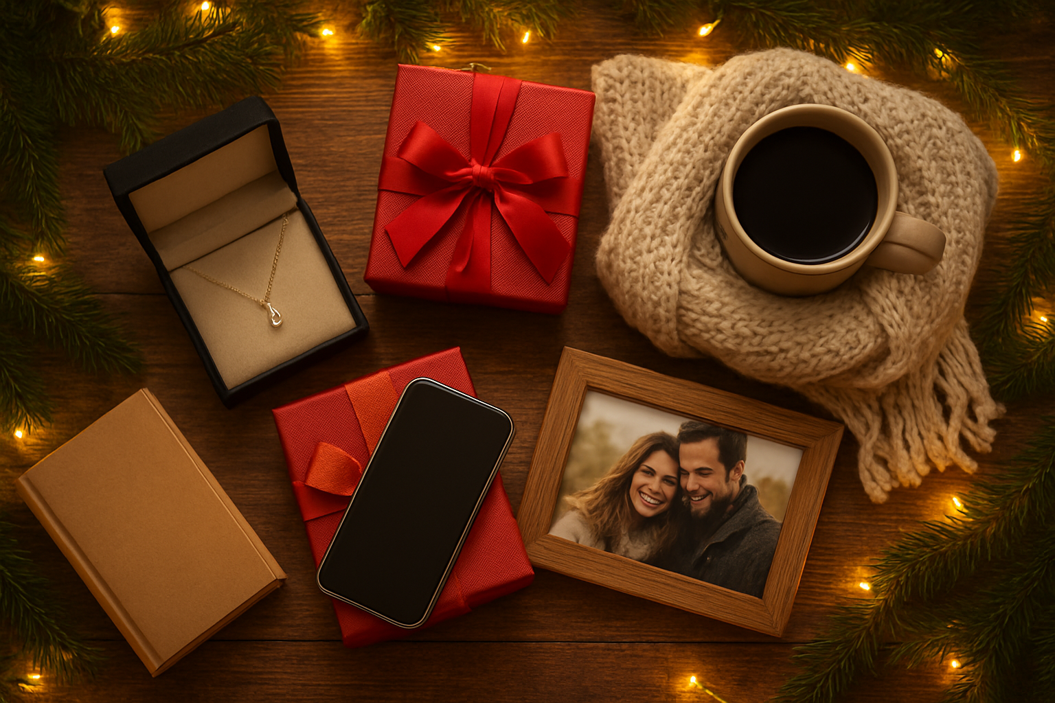 Create a realistic image of various Christmas gifts arranged on a wooden table representing different relationship types, including elegant jewelry in a velvet box for romantic partners, a cozy knitted scarf and coffee mug for family members, fun gadgets and books for friends, and personalized photo frames with warm lighting from string lights creating a festive atmosphere, shot from above with soft golden lighting and pine branches as decorative accents around the gifts, absolutely NO text should be in the scene.