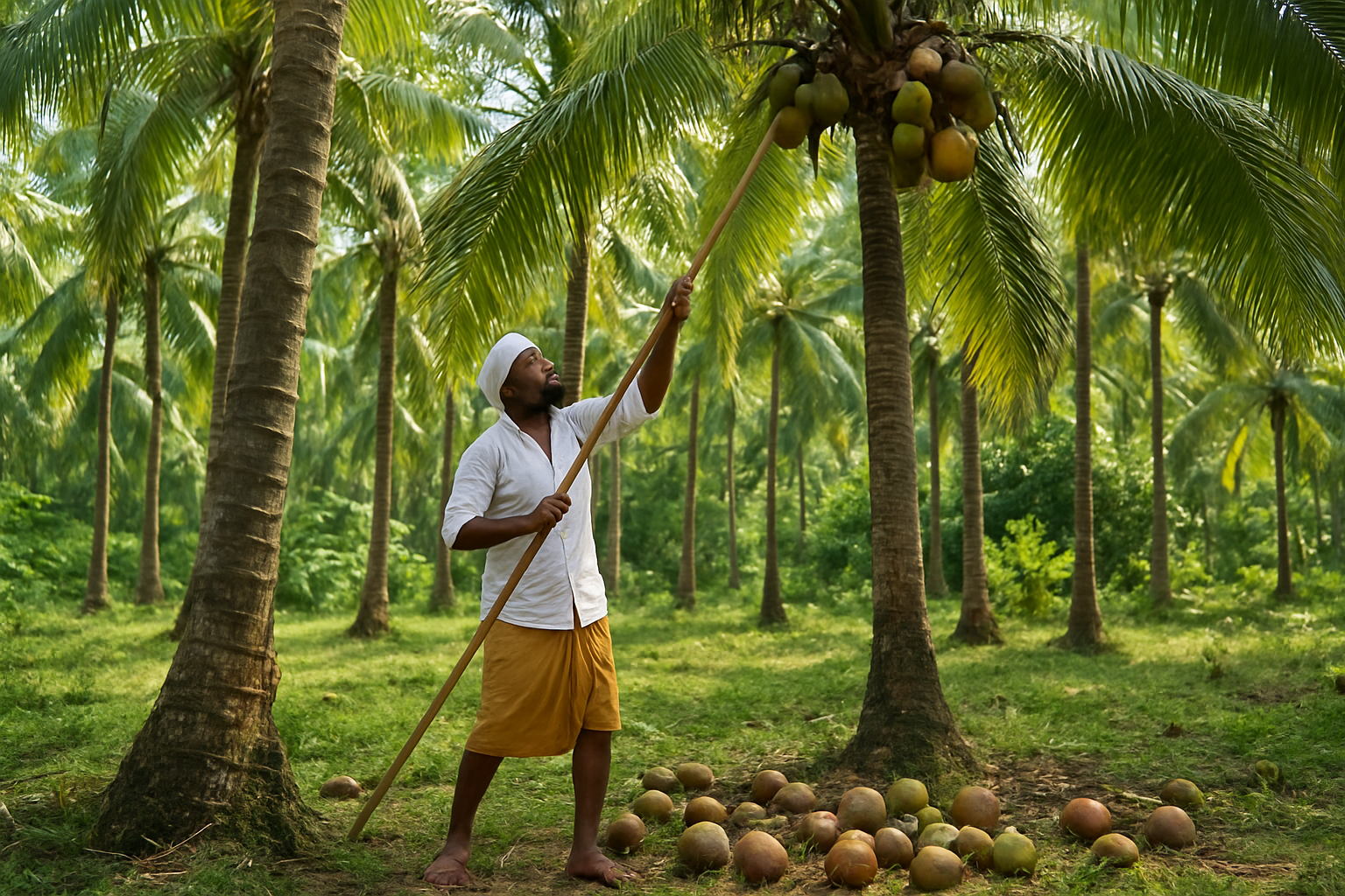 Create a realistic image of a tropical coconut plantation with tall coconut palm trees in various stages of growth, showing green and brown coconuts hanging from the trees, with a South Asian male farmer in traditional clothing using a long pole to harvest coconuts from a mature palm tree, fallen coconuts scattered on the ground, lush green foliage in the background, bright natural daylight with dappled sunlight filtering through palm fronds, conveying an active harvesting scene in a tropical agricultural setting, absolutely NO text should be in the scene.