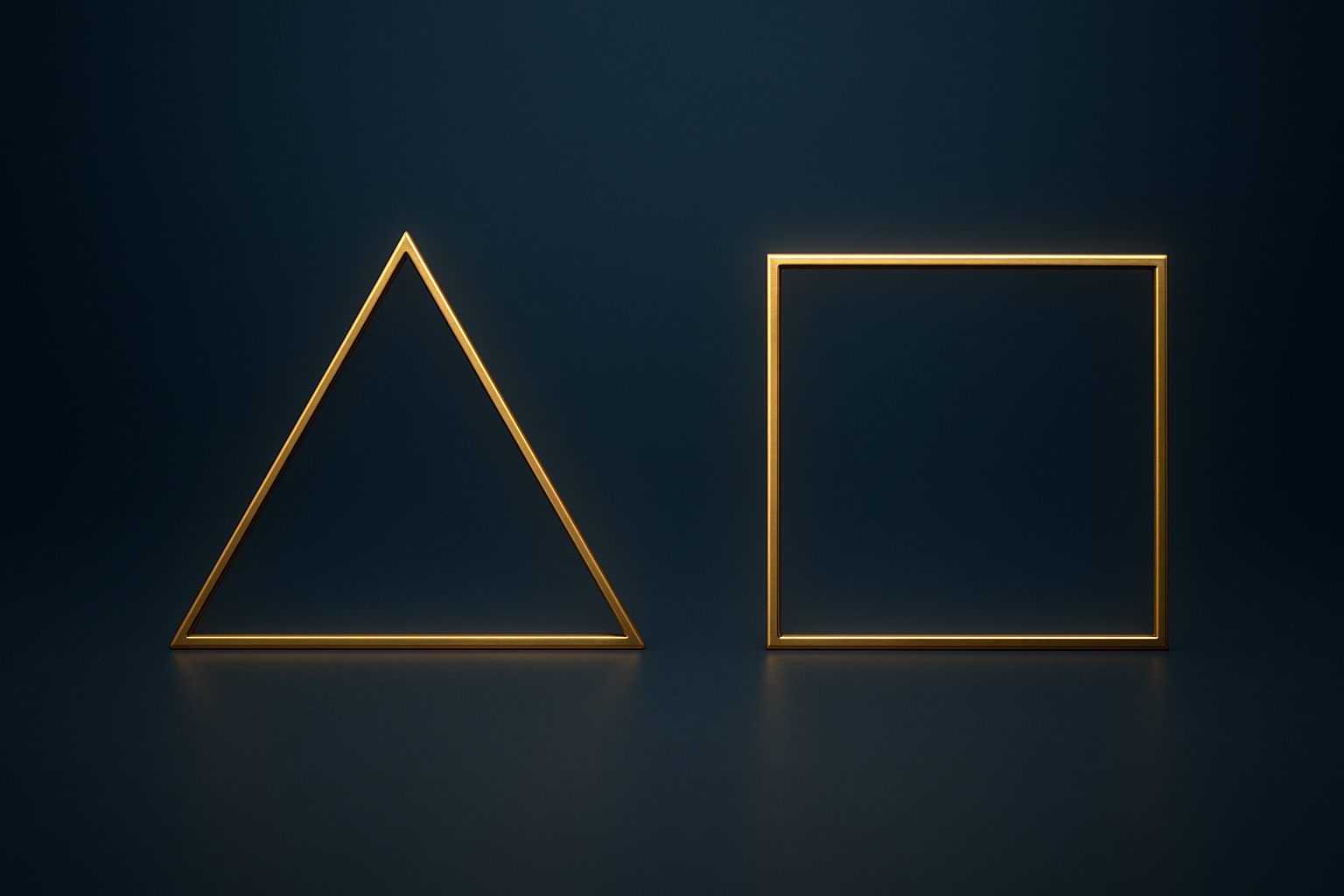 Create a realistic image of two distinct geometric shapes side by side for comparison - a triangle on the left and a square on the right, both rendered in elegant golden lines against a deep blue gradient background, with subtle glowing effects around each shape to emphasize their contrast, shot in soft ambient lighting that creates a contemplative and analytical mood, absolutely NO text should be in the scene.