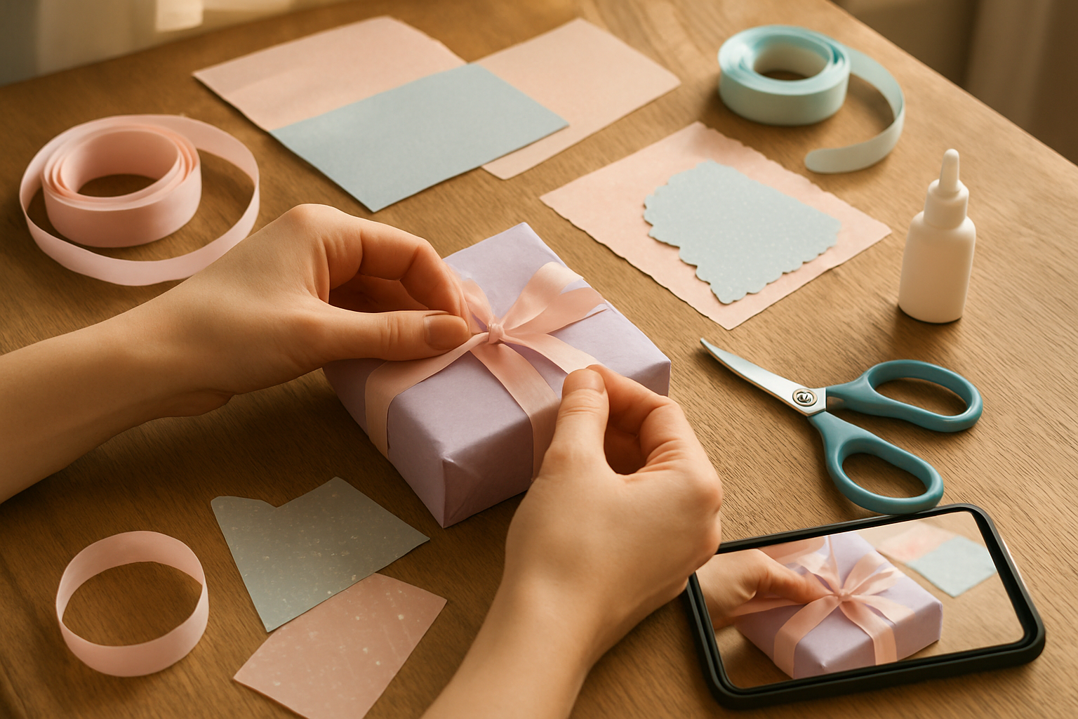 Create a realistic image of a white female's hands crafting a handmade gift on a wooden table, with colorful craft supplies like ribbons, decorative paper, scissors, and glue scattered around, warm natural lighting from a nearby window creating a cozy atmosphere, with a smartphone positioned to record the DIY process, soft pastel colors dominating the scene, absolutely NO text should be in the scene.