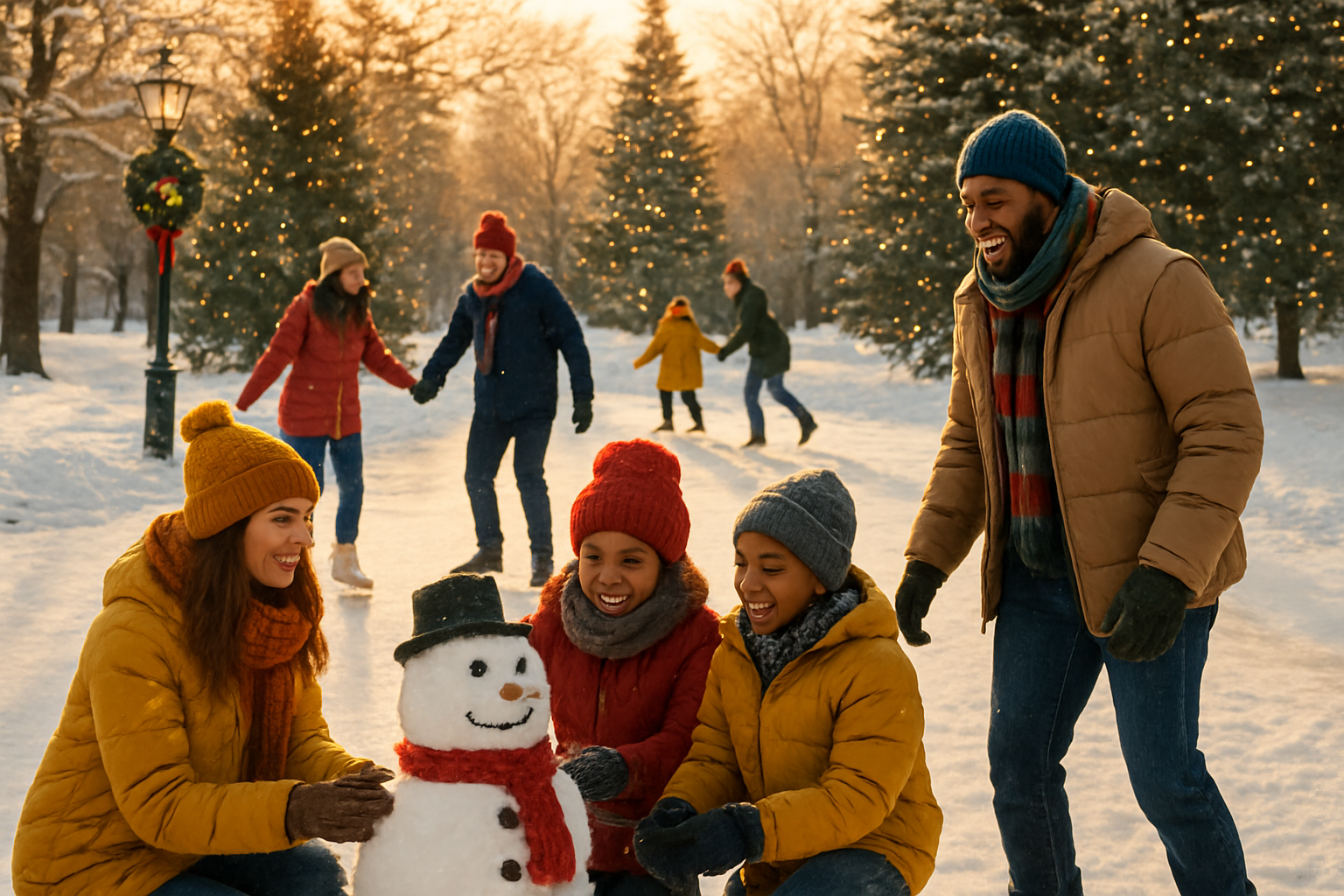 Create a realistic image of a diverse group of people including white and black males and females of various ages wearing colorful winter coats, scarves, and knitted hats engaged in festive outdoor winter activities in a snow-covered park setting with evergreen trees decorated with twinkling Christmas lights, some people building a snowman while others are ice skating on a frozen pond, children sledding down a gentle snowy hill in the background, warm golden sunset lighting casting long shadows across the pristine white snow, creating a joyful and magical winter wonderland atmosphere with holly wreaths hanging from lamp posts and red ribbons tied to tree branches, absolutely NO text should be in the scene.
