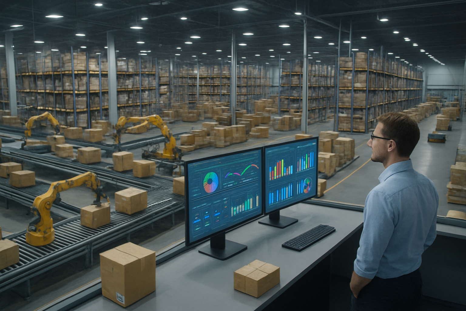 Create a realistic image of a modern industrial warehouse with advanced digital monitoring systems, featuring multiple conveyor belts carrying packaged goods, large computer screens displaying colorful data analytics dashboards with charts and graphs, robotic arms handling inventory, and a white male logistics manager in business casual attire observing the operations from a control room overlooking the facility, with bright LED lighting illuminating the organized storage areas filled with neatly stacked products and automated guided vehicles moving between aisles, creating a high-tech supply chain environment that demonstrates predictive analytics in action, absolutely NO text should be in the scene.