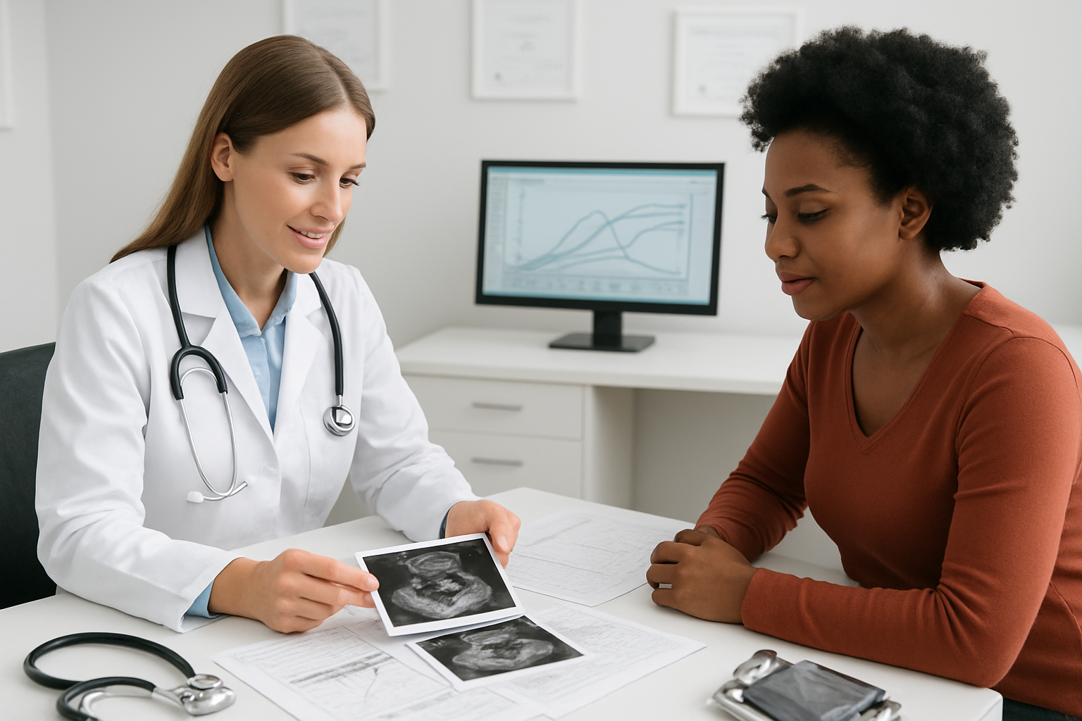 Create a realistic image of a modern medical consultation room showing a white female doctor in a white coat sitting at a desk with a black female patient, reviewing ultrasound images and medical charts spread on the desk, with a computer monitor displaying follicular development graphs in the background, bright clinical lighting, professional medical atmosphere, stethoscope and medical equipment visible on the desk, clean white walls with medical certificates, absolutely NO text should be in the scene.