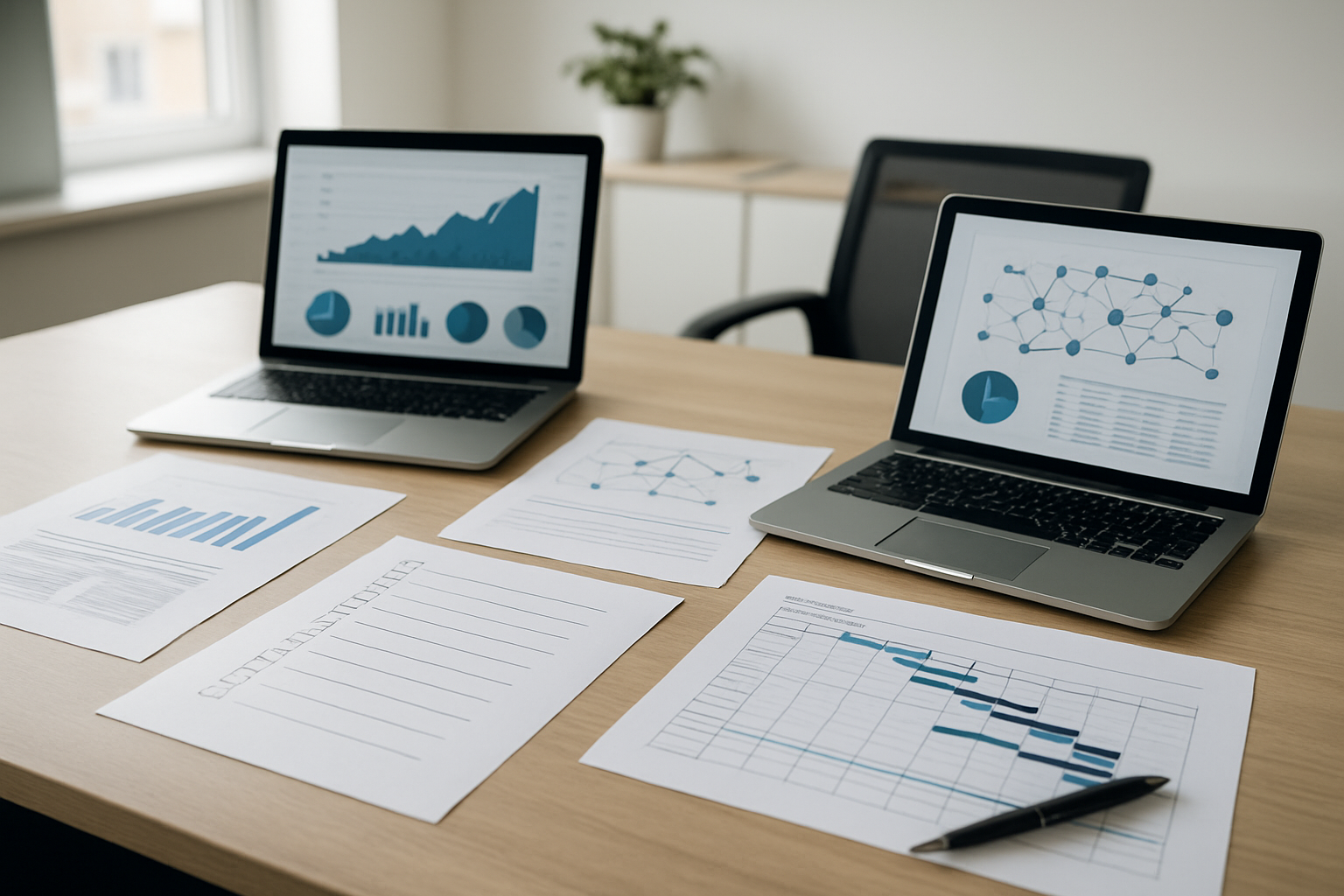 Create a realistic image of a professional workspace scene showing strategic planning activities with documents, charts, and assessment materials spread across a modern desk, including laptops displaying data analytics dashboards, printed migration checklists, network diagrams, and planning documents, with a clean office environment in the background featuring soft natural lighting from a window, and a calm, focused atmosphere that conveys thorough preparation and strategic thinking, absolutely NO text should be in the scene.