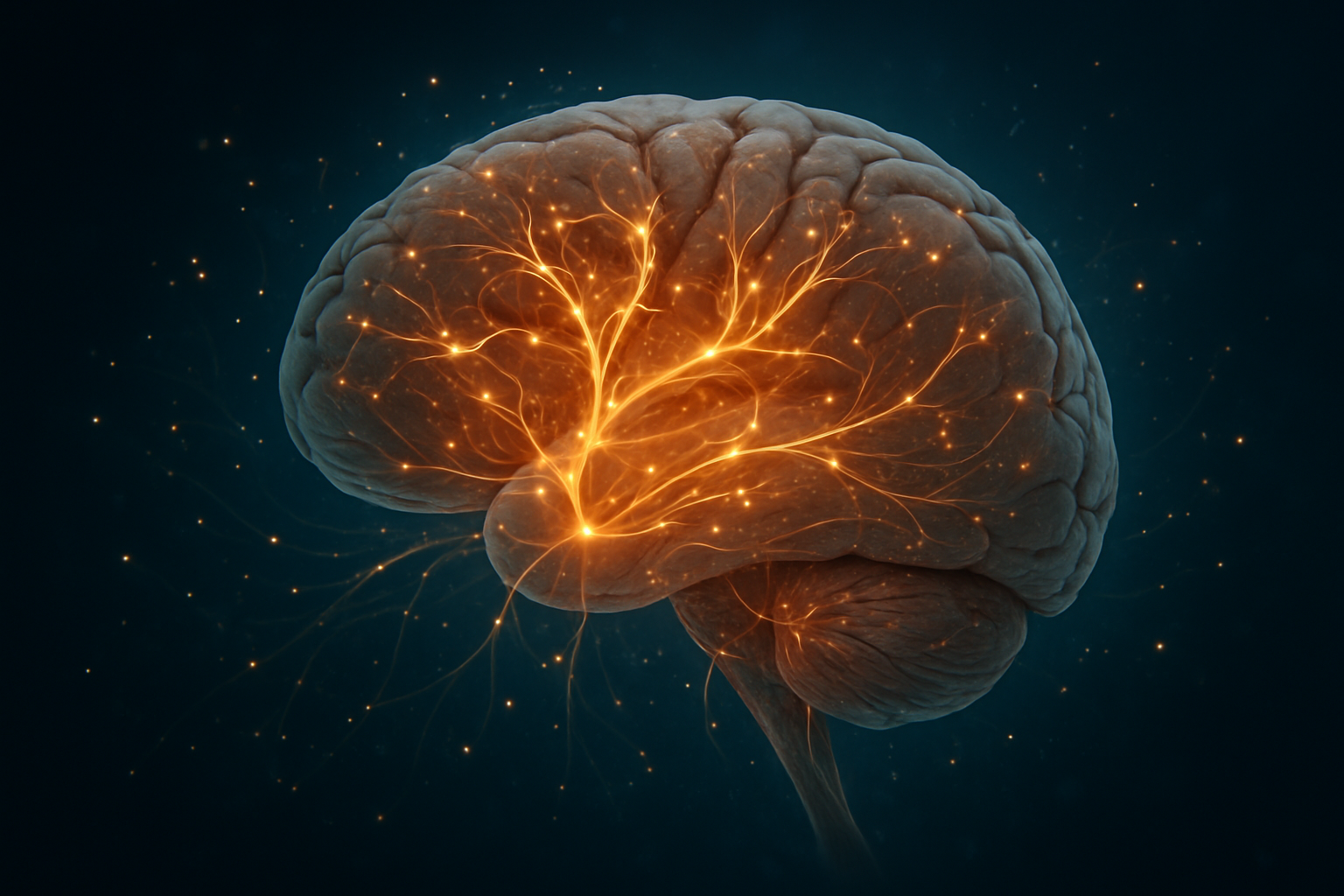Create a realistic image of a detailed cross-section view of a human brain with glowing neural pathways and synapses forming new connections, surrounded by flowing light particles representing neuroplasticity enhancement, set against a dark medical background with subtle blue and green lighting, showing dendrites and axons actively branching and creating networks, with a clean scientific aesthetic and no human subjects visible, absolutely NO text should be in the scene.
