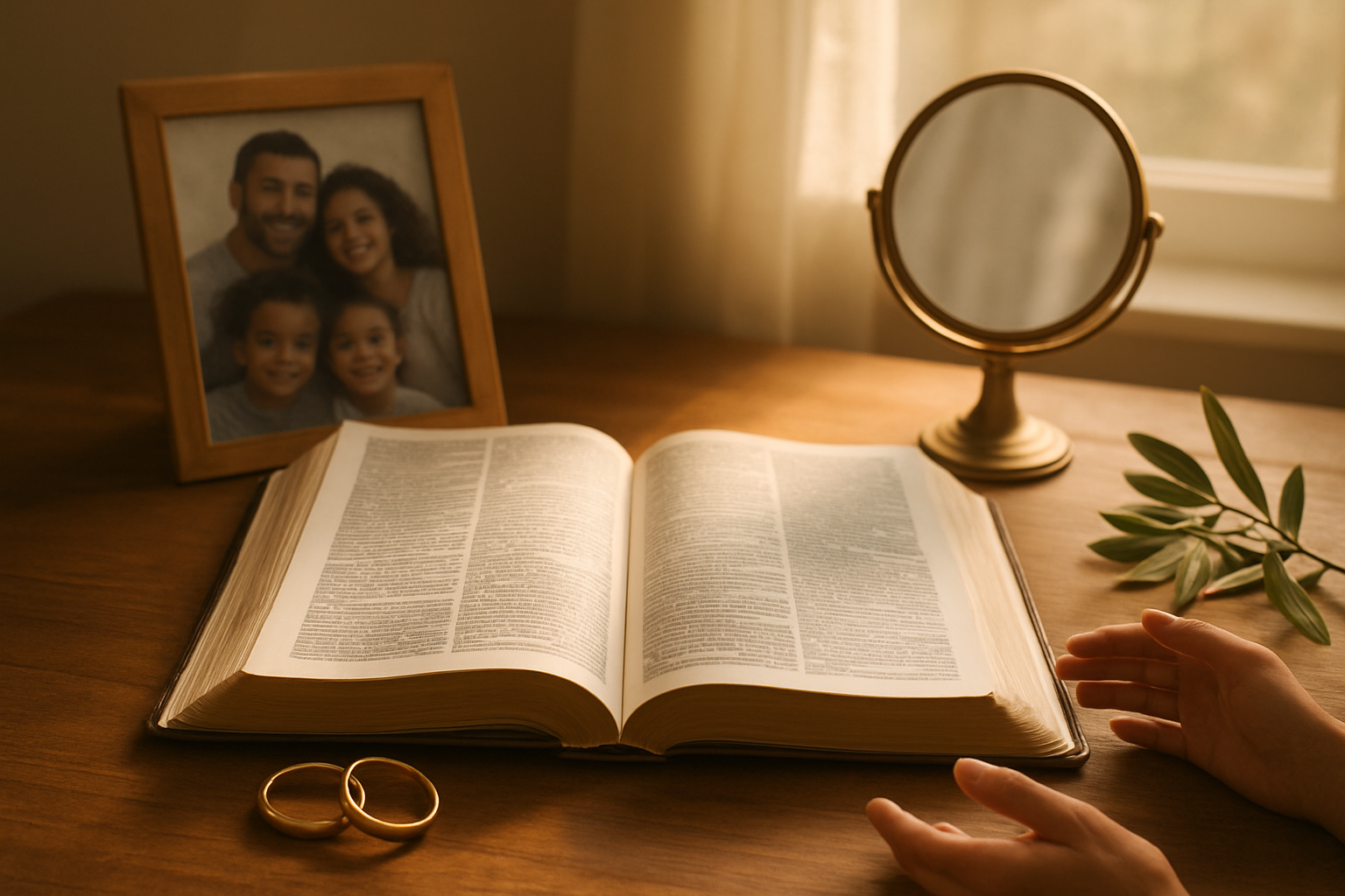 Create a realistic image of an open NKJV Bible with pages gently fluttering in soft natural light, surrounded by symbolic elements representing different types of love including intertwined wedding rings, a small family photo showing diverse faces, helping hands reaching toward each other, a mirror reflecting inner peace, and olive branches symbolizing reconciliation, all arranged on a wooden table with warm golden lighting streaming through a window, creating a peaceful and inspirational atmosphere that conveys the comprehensive nature of biblical love, absolutely NO text should be in the scene.