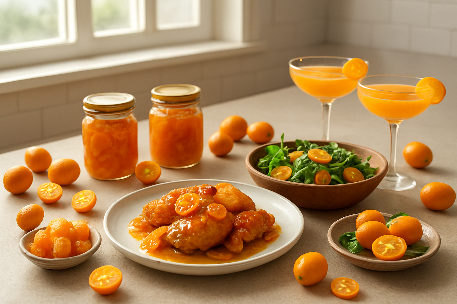 Create a realistic image of a modern kitchen countertop featuring various creative culinary preparations with kumquats including kumquat marmalade in glass jars, kumquat-glazed chicken on a white plate, fresh kumquat salad in a wooden bowl, kumquat cocktails in elegant glasses, and candied kumquats on a small ceramic dish, with fresh whole and sliced kumquats scattered around, natural daylight streaming through a window creating soft shadows, warm and inviting atmosphere, absolutely NO text should be in the scene.