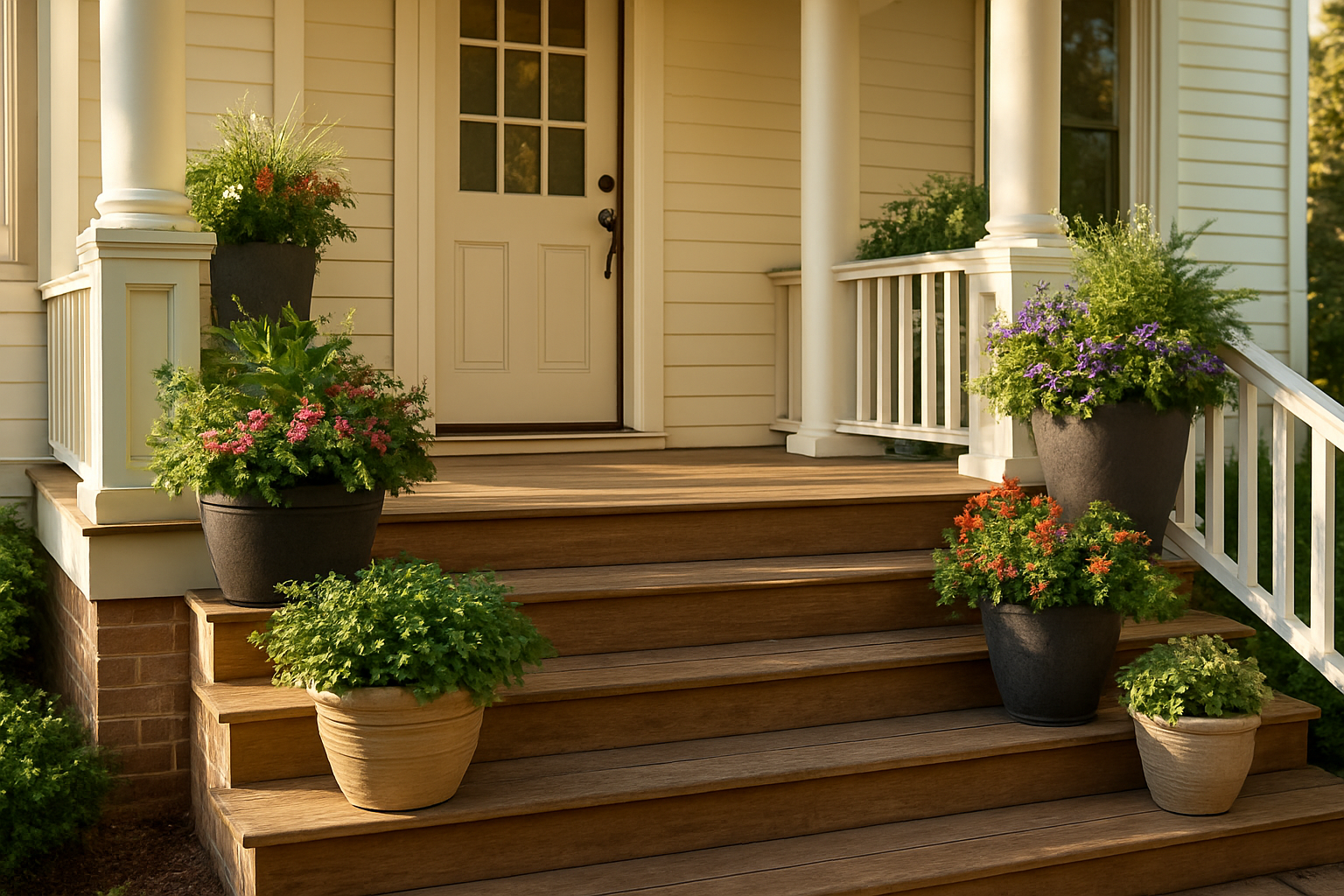 Create a realistic image of a beautiful front porch transformation showing elegant planters with lush greenery and colorful flowers arranged on wooden porch steps and railings, featuring a charming white or cream-colored porch with classic columns, warm natural lighting creating inviting shadows, and a welcoming entrance that demonstrates how simple planters can dramatically enhance curb appeal and create an instantly stylish outdoor space, absolutely NO text should be in the scene.