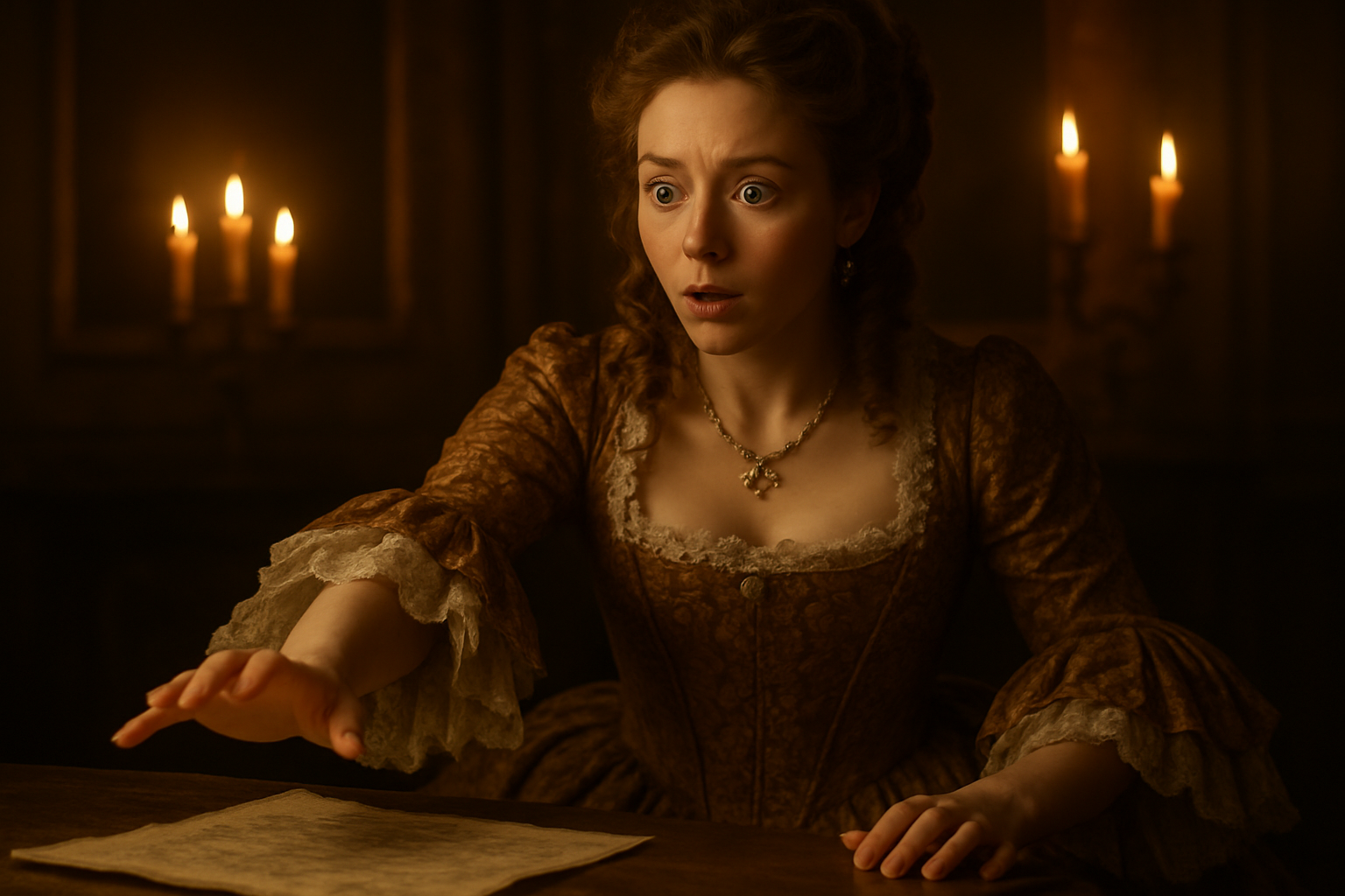 Create a realistic image of a white female character in 17th century French dress with an elaborate gown and period hairstyle, her face showing a gradual realization with widening eyes and slightly parted lips, her hand reaching toward an ornate letter or manuscript, set in a dimly lit baroque interior with candlelight casting warm golden shadows, creating an atmosphere of dramatic revelation and emotional awakening, with soft lighting emphasizing her expression of dawning understanding, absolutely NO text should be in the scene.