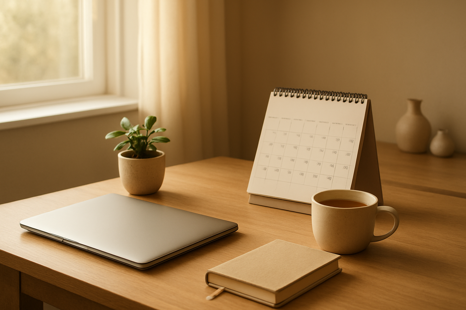 Create a realistic image of a peaceful indoor scene showing a clean, organized desk with a closed laptop, a small potted plant, and a calendar showing December with some pages being gently turned, while soft natural light streams through a nearby window, creating a serene atmosphere of renewal and fresh beginnings, with subtle elements like a journal, a cup of herbal tea, and minimalist decor suggesting mindfulness and positive change, set against a calm, uncluttered background with warm, golden lighting that conveys hope and transformation, absolutely NO text should be in the scene.