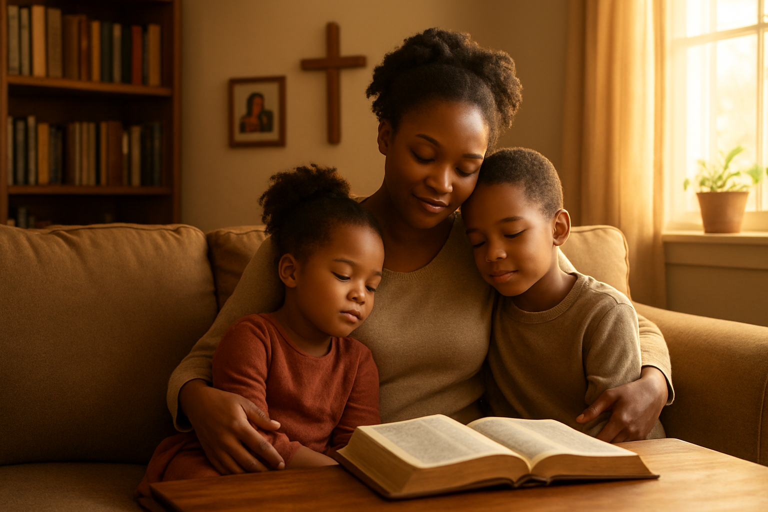 Create a realistic image of a warm family scene with a black mother sitting with her young children in a cozy living room, an open Bible resting on a wooden coffee table nearby, soft golden sunlight streaming through a window, family photos and cross on the wall in the background, peaceful and nurturing atmosphere, mother's hands gently placed on her children as they sit close together, wooden bookshelves with religious books visible, warm earth tones throughout the scene, absolutely NO text should be in the scene.