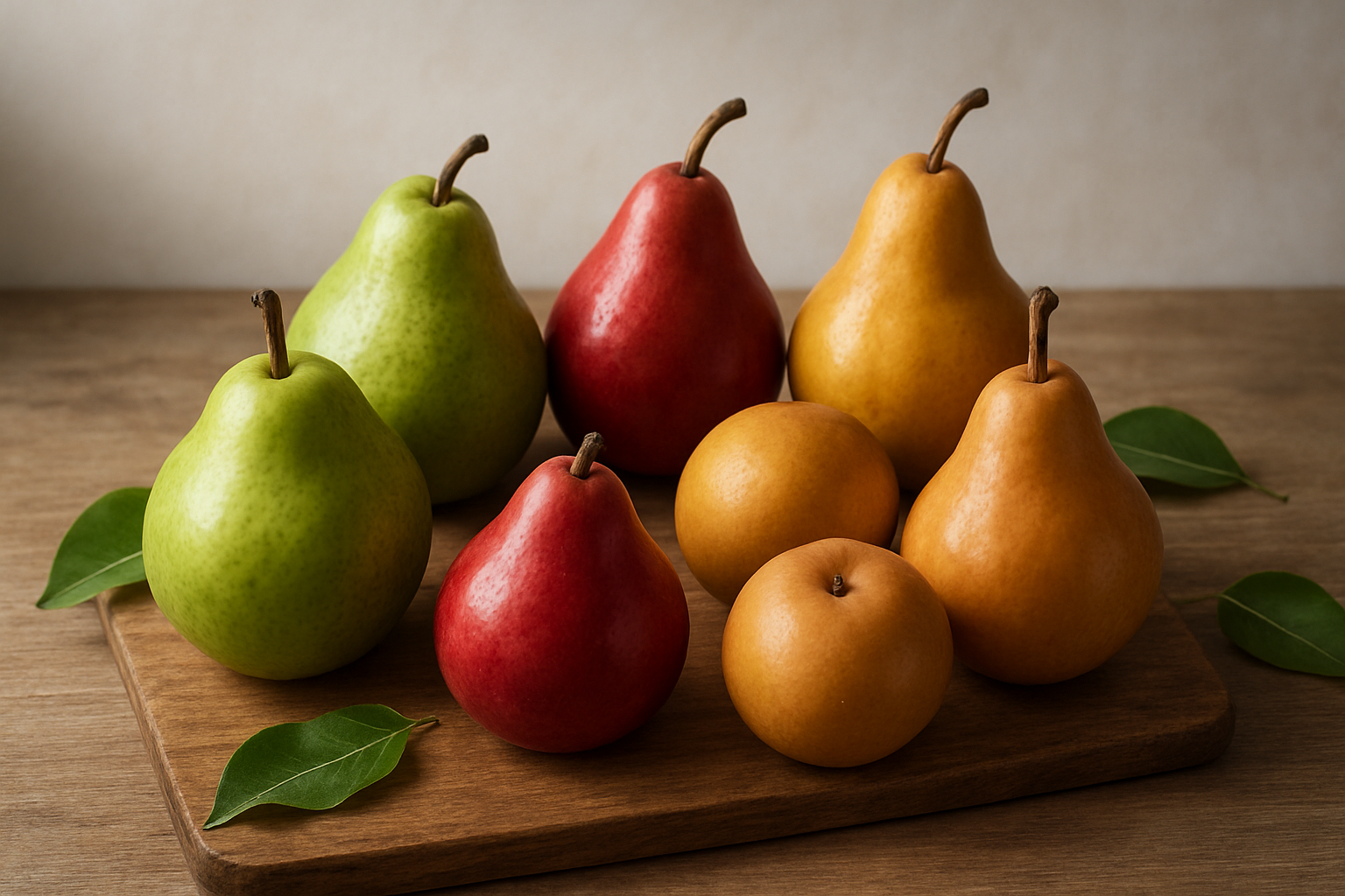 Create a realistic image of an elegant arrangement of different pear varieties including green Anjou pears, red Bartlett pears, golden yellow Bosc pears with their characteristic elongated necks, and small brown Asian pears displayed on a rustic wooden cutting board or table surface, with natural daylight streaming from the side creating soft shadows, surrounded by a few scattered pear leaves for a fresh organic feel, shot from a slightly elevated angle to showcase the distinct shapes and colors of each variety, with a clean neutral background that doesn't distract from the fruit display, absolutely NO text should be in the scene.