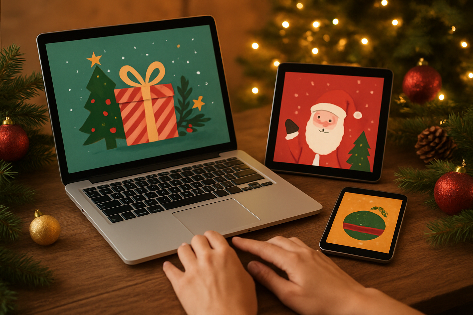 Create a realistic image of a modern workspace showing multiple digital devices including a laptop, tablet, and smartphone displaying colorful Christmas card designs on their screens, with a person's hands typing on the laptop keyboard to demonstrate digital card usage and distribution, surrounded by festive Christmas decorations like pine branches, ornaments, and warm golden lighting creating a cozy holiday atmosphere, absolutely NO text should be in the scene.