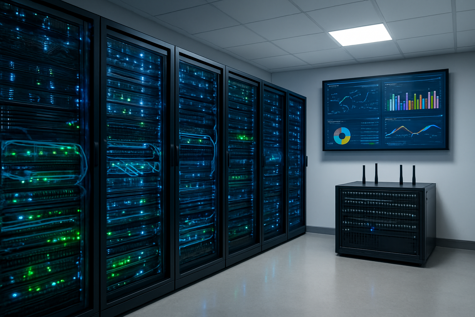 Create a realistic image of a modern data center server room with multiple server racks containing blinking LED lights in blue and green colors, fiber optic cables neatly organized and glowing with data transmission, large wall-mounted monitors displaying real-time data flow diagrams and performance metrics with colorful graphs and charts, industrial-grade networking equipment with multiple ethernet ports and wireless antennas, a clean professional environment with bright white lighting, polished concrete floors, and a sleek technological atmosphere that conveys high-speed data processing and connectivity, absolutely NO text should be in the scene.