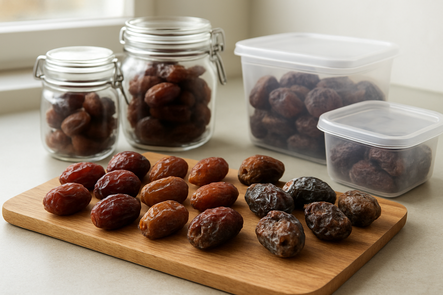 Create a realistic image of fresh dates in various stages of ripeness displayed on a wooden cutting board alongside proper storage containers including airtight glass jars and sealed plastic containers, with some dates showing ideal texture and color while others demonstrate signs of spoilage, set against a clean kitchen counter background with soft natural lighting from a window, absolutely NO text should be in the scene.