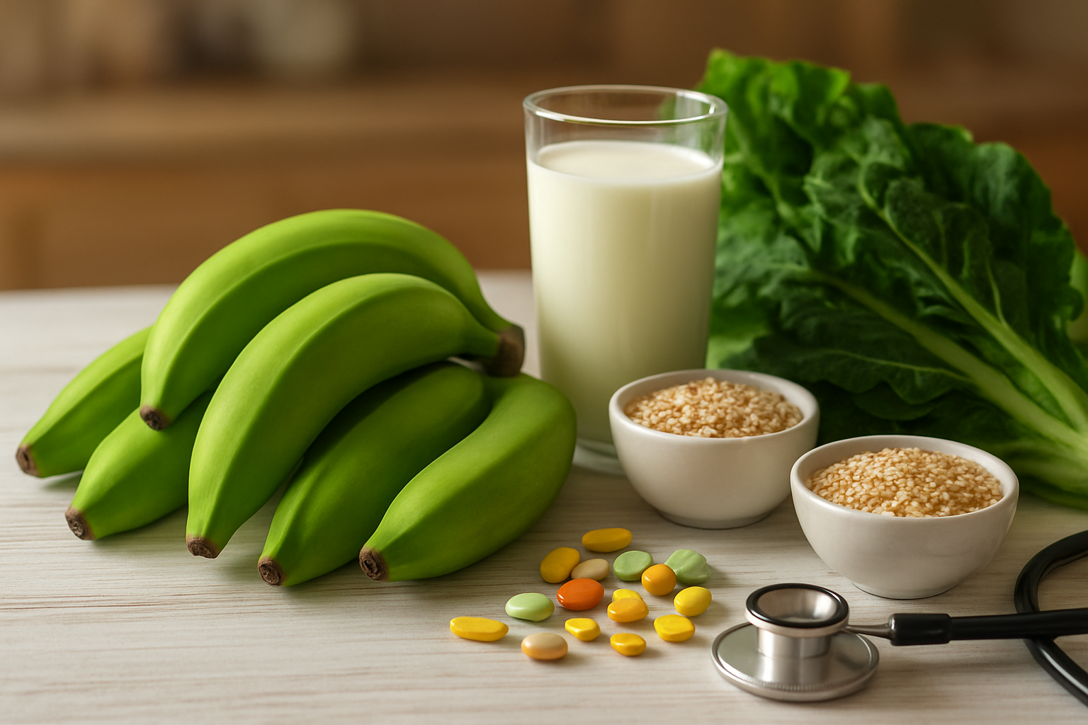 Create a realistic image of fresh green cooking bananas and plantains arranged on a clean white wooden surface alongside colorful nutritional elements including vitamin pills, a glass of milk, whole grains in small bowls, leafy green vegetables, and a stethoscope subtly placed in the corner, with soft natural lighting from the side creating gentle shadows, warm kitchen atmosphere in the background slightly blurred, emphasizing the health and wellness theme with vibrant colors and fresh produce appearance, absolutely NO text should be in the scene.