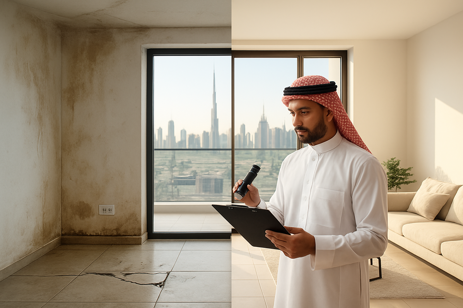Create a realistic image of a split-screen composition showing a Dubai luxury apartment interior with visible defects on one side including water damage stains on white walls, cracked tiles, faulty electrical outlets, and plumbing leaks, while the other side shows the same space perfectly renovated with pristine finishes, a Middle Eastern male property inspector in professional attire examining issues with a clipboard and flashlight in the foreground, warm natural lighting streaming through floor-to-ceiling windows with Dubai skyline visible outside, modern furnishings and fixtures throughout, emphasizing the contrast between problematic and flawless conditions, absolutely NO text should be in the scene.