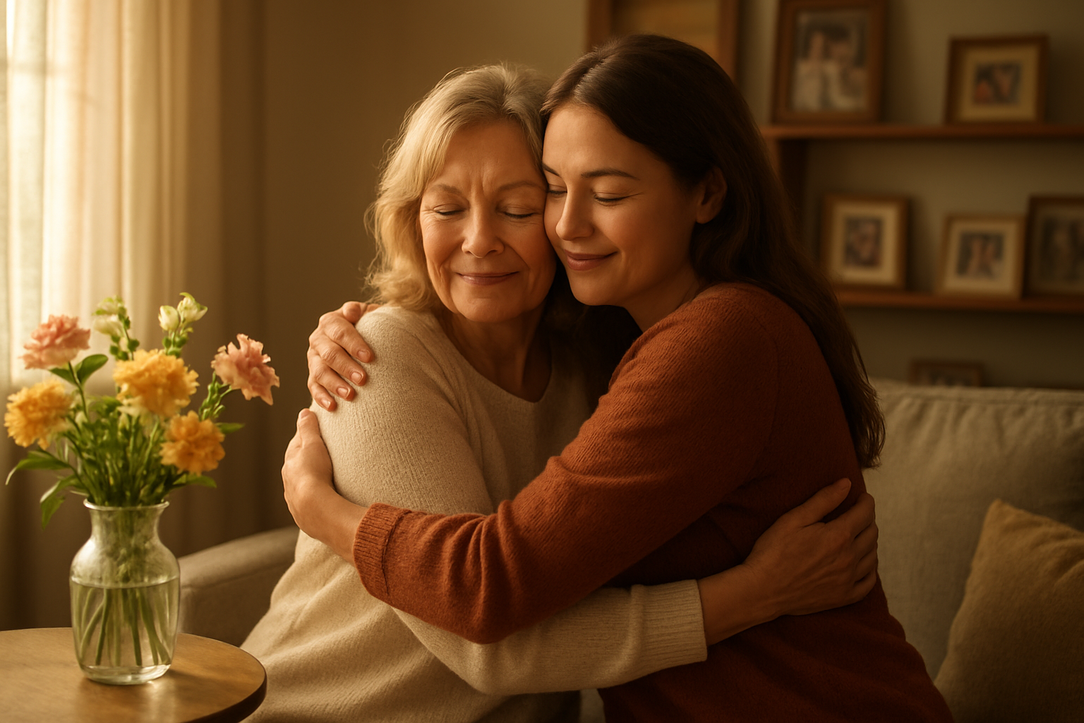 Create a realistic image of a warm, intimate scene showing a white female mother and her adult daughter embracing in a cozy living room, with fresh flowers in a vase on a nearby table, soft natural sunlight streaming through a window, family photos displayed on shelves in the background, creating a peaceful and loving atmosphere that celebrates the timeless bond between mothers and children across generations, shot with soft, golden hour lighting that emphasizes warmth and connection, absolutely NO text should be in the scene.