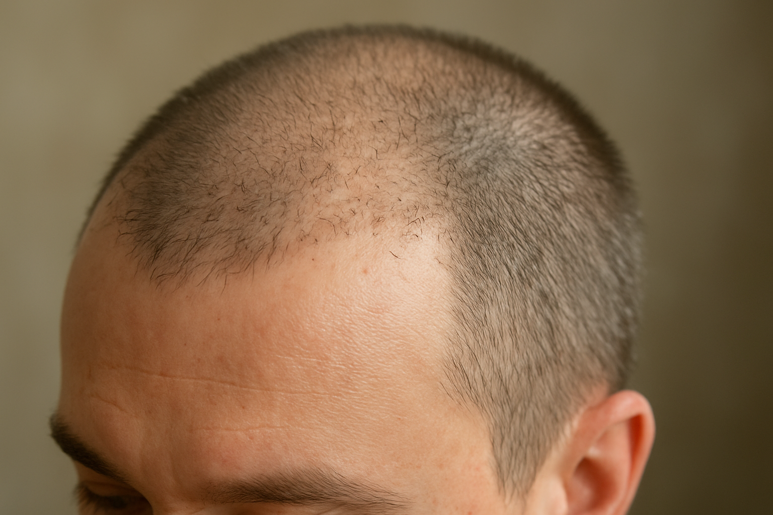 Create a realistic image of a close-up view of a male scalp showing the hair transplant recovery process during weeks 3-12, with some newly transplanted hair follicles beginning to grow short stubble while others show areas of natural shedding, the scalp appears healthy with minimal redness, soft natural lighting illuminates the head from above, the background is softly blurred in neutral tones, the scene conveys a sense of healing progress and natural hair growth cycle, absolutely NO text should be in the scene.