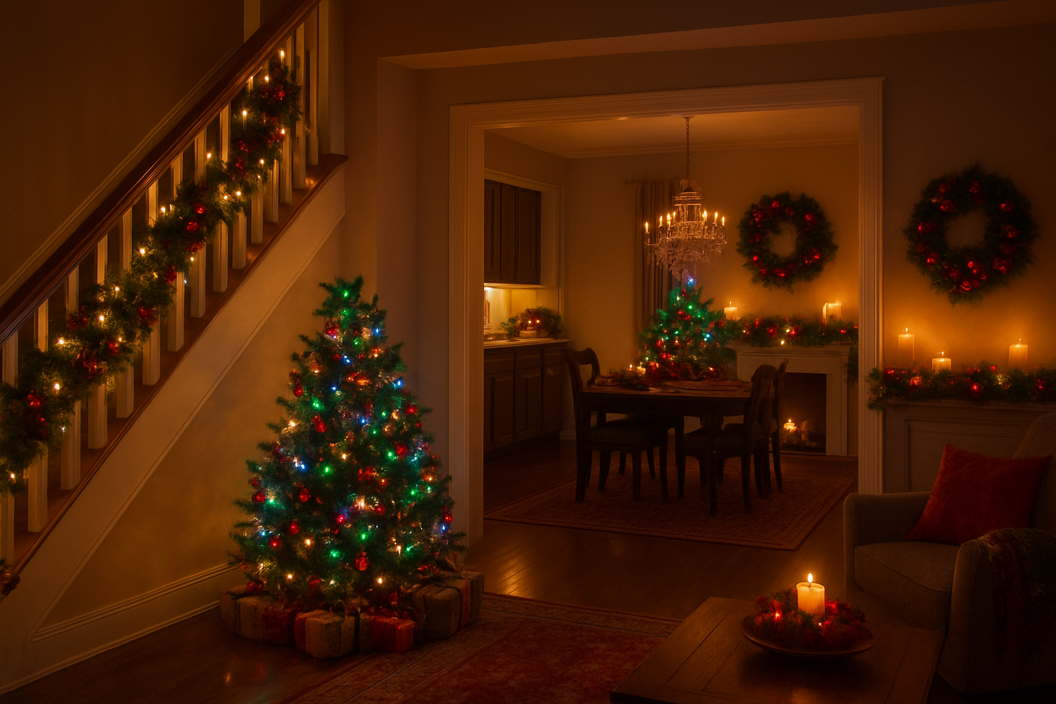 Create a realistic image of a beautifully decorated home interior during Christmas showing different lighting types in various areas, featuring warm string lights draped along a staircase banister, elegant chandeliers with soft golden light in a dining room visible in the background, colorful LED spotlights illuminating a Christmas tree in the living room, candles flickering on a mantelpiece, and subtle accent lighting under kitchen cabinets, all creating a cozy festive atmosphere with rich red and green Christmas decorations, garlands, and ornaments throughout the space, captured in evening lighting that highlights the different illumination sources, absolutely NO text should be in the scene.