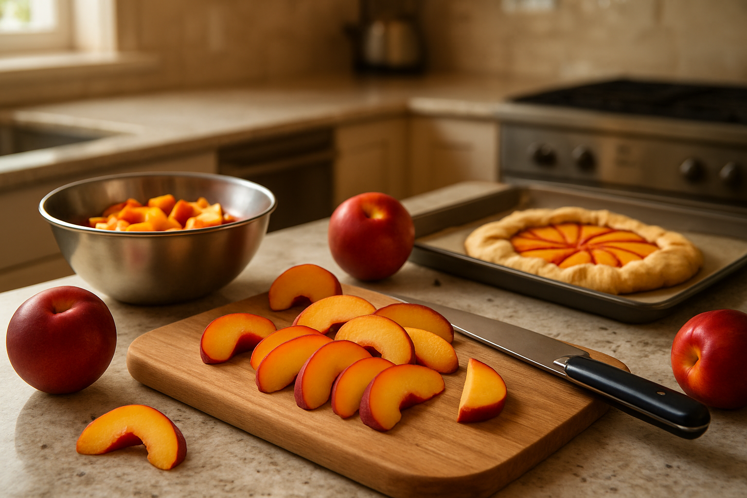 Create a realistic image of a modern kitchen counter featuring fresh nectarines being prepared for various culinary uses, with sliced nectarines arranged on a wooden cutting board, a mixing bowl with nectarine pieces, a baking tray with nectarine tart or galette in preparation, fresh whole nectarines scattered around, kitchen utensils like a chef's knife and wooden spoon, warm natural lighting from a window, clean granite or marble countertop, blurred kitchen background with cabinets and appliances, inviting and appetizing atmosphere that showcases the versatility of nectarines in cooking and baking, absolutely NO text should be in the scene.