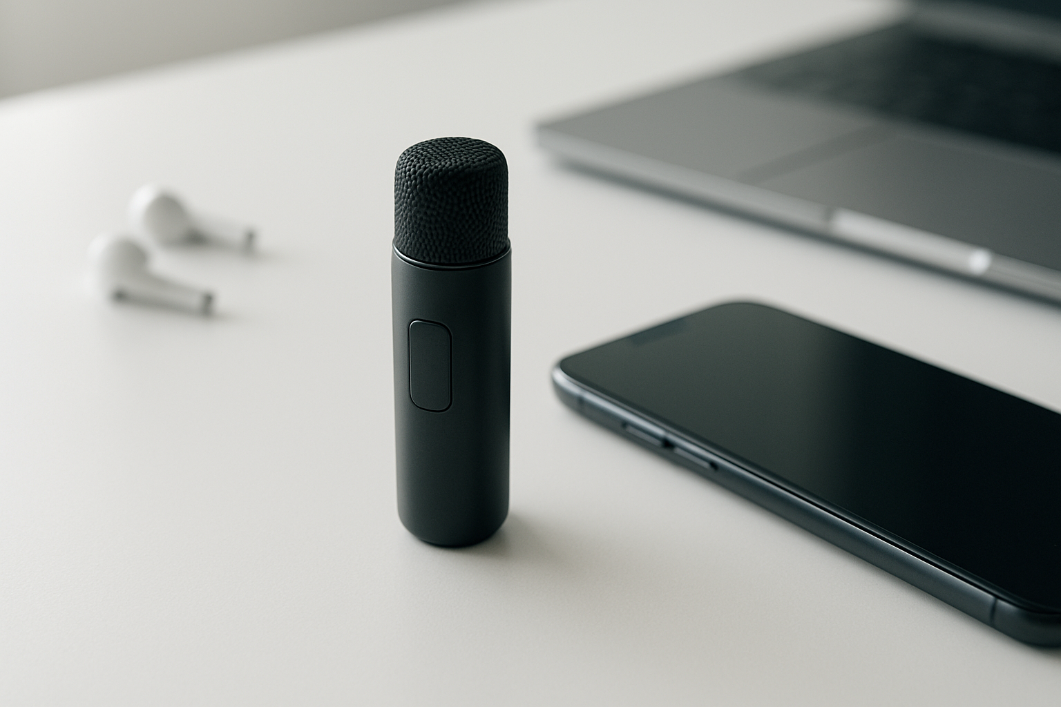 Create a realistic image of a sleek black wireless mini microphone positioned prominently on a clean white desk surface next to a modern smartphone, with soft natural lighting coming from the left side creating gentle shadows, surrounded by subtle tech accessories like wireless earbuds and a laptop partially visible in the background, conveying a professional content creation workspace atmosphere with a minimalist and organized feel, shot from a slightly elevated angle to showcase the microphone's compact design and premium finish, absolutely NO text should be in the scene.