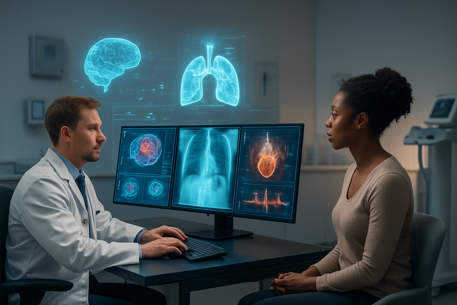 Create a realistic image of a modern medical consultation room where a white male doctor in a white coat is sitting at a sleek computer workstation with multiple high-resolution monitors displaying colorful medical scans, X-rays, and diagnostic data visualizations with glowing AI analysis overlays, while a black female patient sits nearby in a comfortable chair, the scene shows futuristic holographic medical imaging projections floating above the desk, soft ambient lighting illuminates the clean, contemporary healthcare environment with medical equipment and digital interfaces seamlessly integrated into the background, conveying precision, advanced technology, and professional medical care, absolutely NO text should be in the scene.