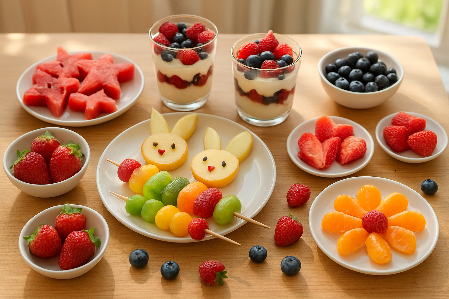 Create a realistic image of a diverse collection of colorful, creative fruit snacks beautifully arranged on a bright wooden kitchen table, featuring fruit kabobs with rainbow patterns, apple slices cut into fun animal shapes, orange segments arranged as flowers, berry parfait cups, and seasonal fruits like watermelon stars and strawberry hearts, with natural sunlight streaming through a nearby window creating a warm and inviting atmosphere that suggests completion and satisfaction, surrounded by small bowls and plates showcasing the variety of healthy snack options, absolutely NO text should be in the scene.