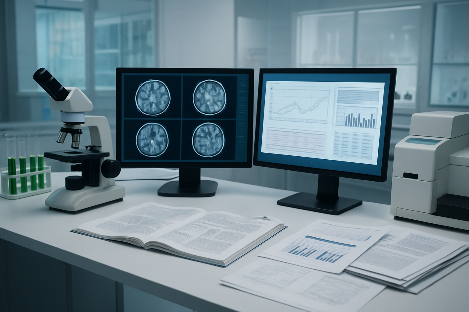 Create a realistic image of a modern scientific laboratory setting with research documents, clinical trial charts, and brain scan images displayed on computer monitors, featuring laboratory equipment like microscopes and analytical instruments on clean white countertops, with scientific journals and research papers scattered on a desk, soft fluorescent lighting creating a professional atmosphere, and test tubes containing plant extracts in the background, conveying a sense of rigorous scientific investigation and medical research, absolutely NO text should be in the scene.