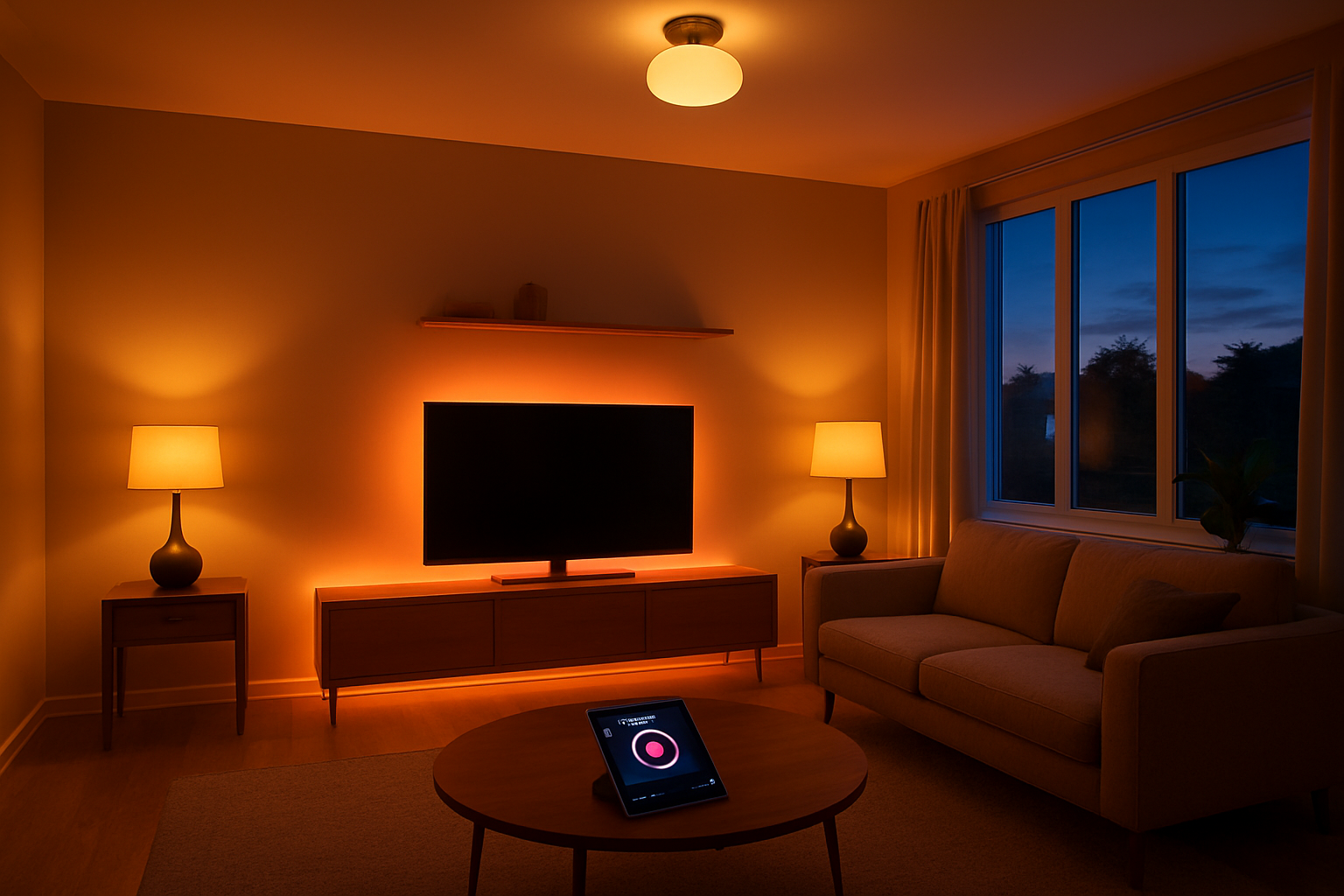 Create a realistic image of a modern living room interior featuring smart LED light bulbs in elegant ceiling fixtures and table lamps, with warm ambient lighting creating different zones throughout the space, a smartphone or tablet displaying a lighting control app interface resting on a coffee table, energy-efficient smart light strips under cabinets and behind a TV, sleek contemporary furniture including a comfortable sofa and side tables, large windows showing evening twilight outside, and a cozy atmosphere that demonstrates the versatility and efficiency of smart lighting technology, absolutely NO text should be in the scene.