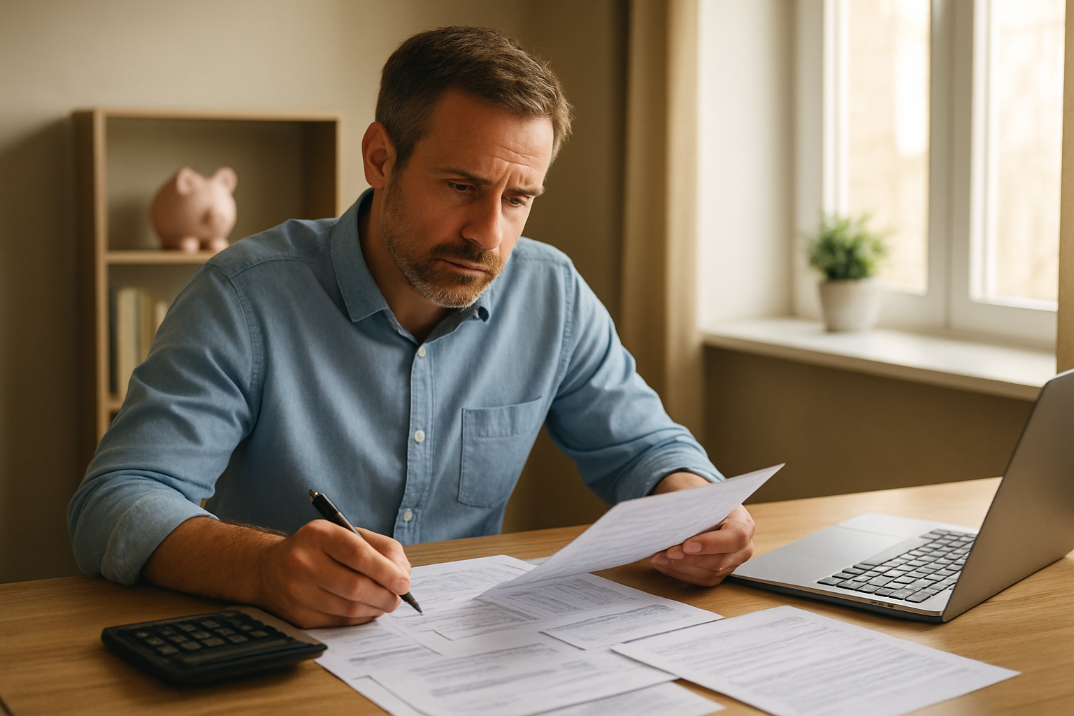 Create a realistic image of a middle-aged white male sitting at a modern wooden desk in a bright, well-lit home office, carefully reviewing financial documents and loan papers spread across the desk, with a calculator, pen, and laptop computer nearby, a piggy bank and small plant visible on a bookshelf in the background, warm natural lighting streaming through a window creating a thoughtful and responsible atmosphere, the man appearing focused and contemplative as he makes informed financial decisions, absolutely NO text should be in the scene.